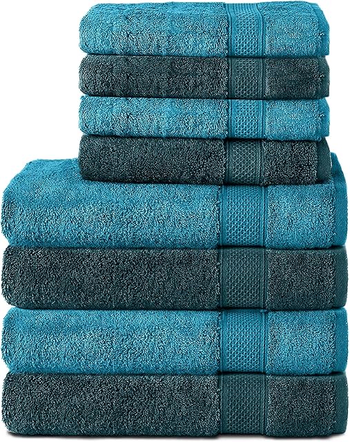 Komfortec Zestaw 8 ręczników ze 100% bawełny, 4 ręczniki kąpielowe 70 x 140 i 4 ręczniki do rąk 50 x 100 cm, frotte, miękkie, duże, turkusowe/petrol