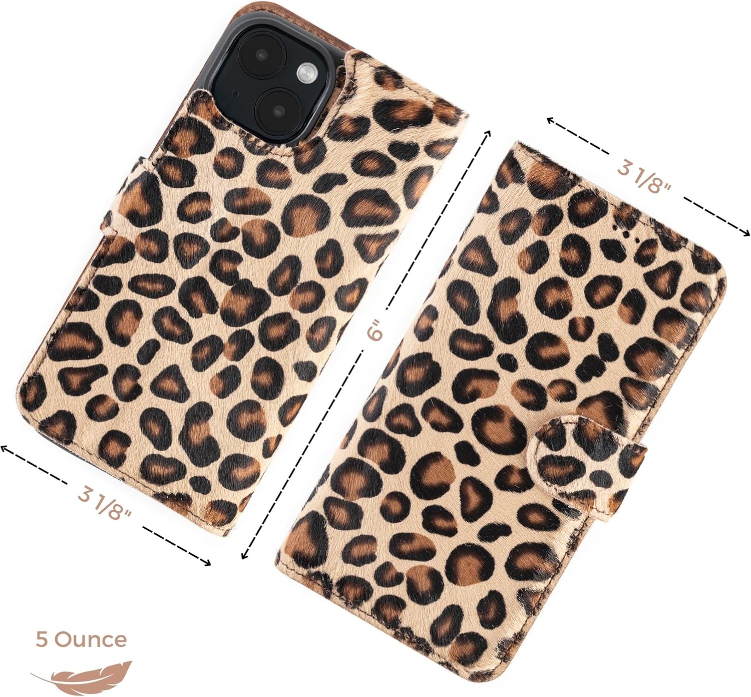 Full Grain Leather Wallet Case for iPhone 14 Detachable Magnetic Flip Cover with Card Slots, Kickstand, Apple MagSafe Compatible Leopard