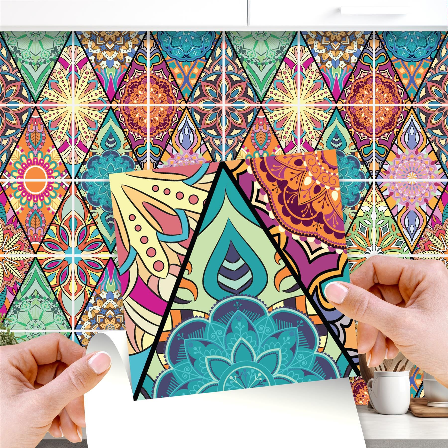 WALPLUS Tile Stickers 15x15cm(6") Stick on Tiles Kitchen Self Adhesive Wall Removable Bathroom Sticky Back Floral Mandala Self Adhesive 24 Pieces