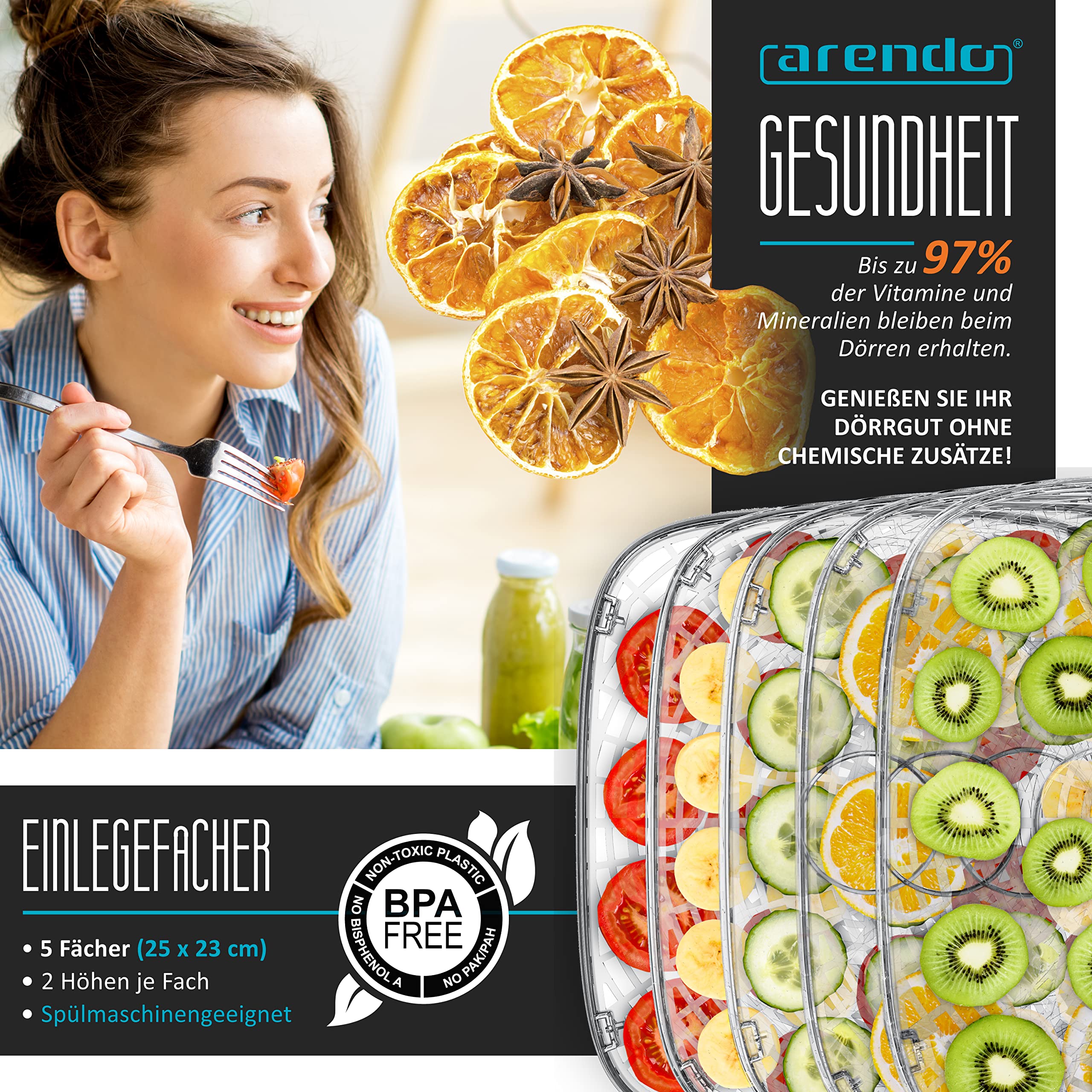 Arendo - Dörrautomat Edelstahl - Temperaturregler - 240 Watt – Dehydrator – 5 Etagen – Timer 1 bis 72 h – 5 Einlegefächer – je Fach zwei Höhen – Food Fleisch Kräuter Obst