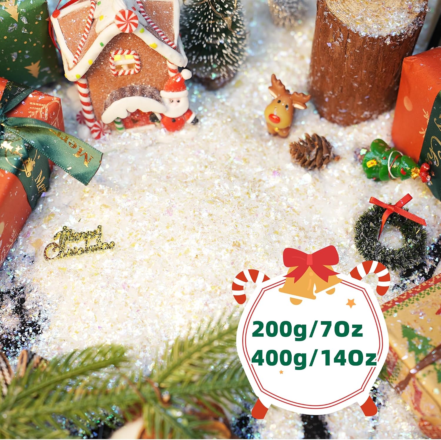 Christmas Twinkles Snow Fake- 200g Snow Flakes Christmas Glitter Artificial Snow Powder Filler Xmas Snow Decoration Sparkling Snow Christmas Party Supplies (7oz)