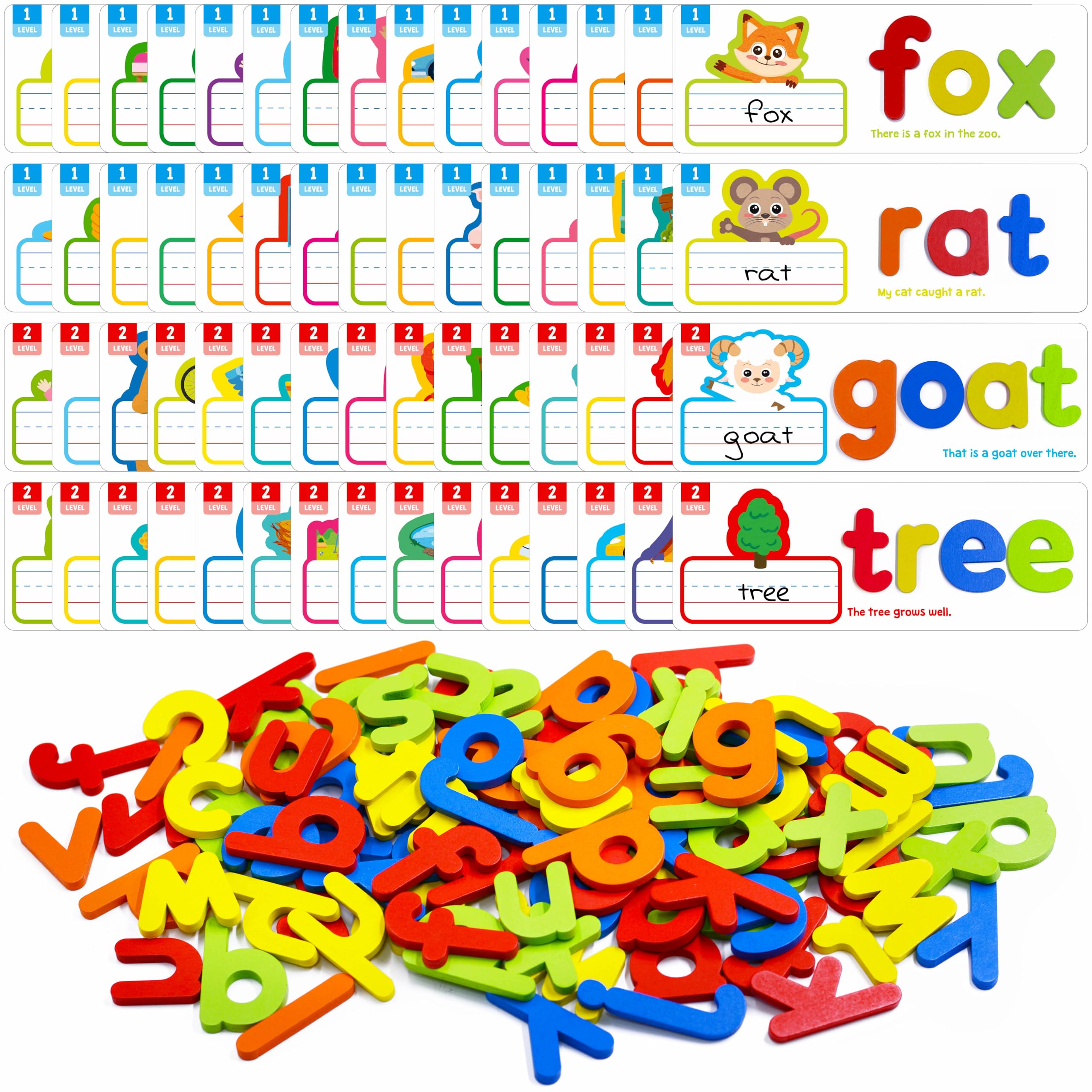 82PCS CVC & CVCC, CCVC Words Builders, 30 Double-Sided Cards & 52 Wooden Lowercase Letters, 2 Levels See & Spell Learning Tool STEM Educational Activities for 3 Years Old Boys and Girls