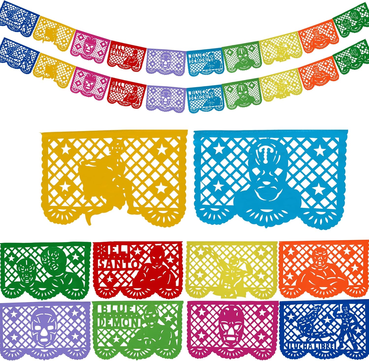 Lucha Libre Party Bundle! Multicolor Extra Large (32") Party Pinata with Lucha Libre Papel Picado Plastic 2-Pk