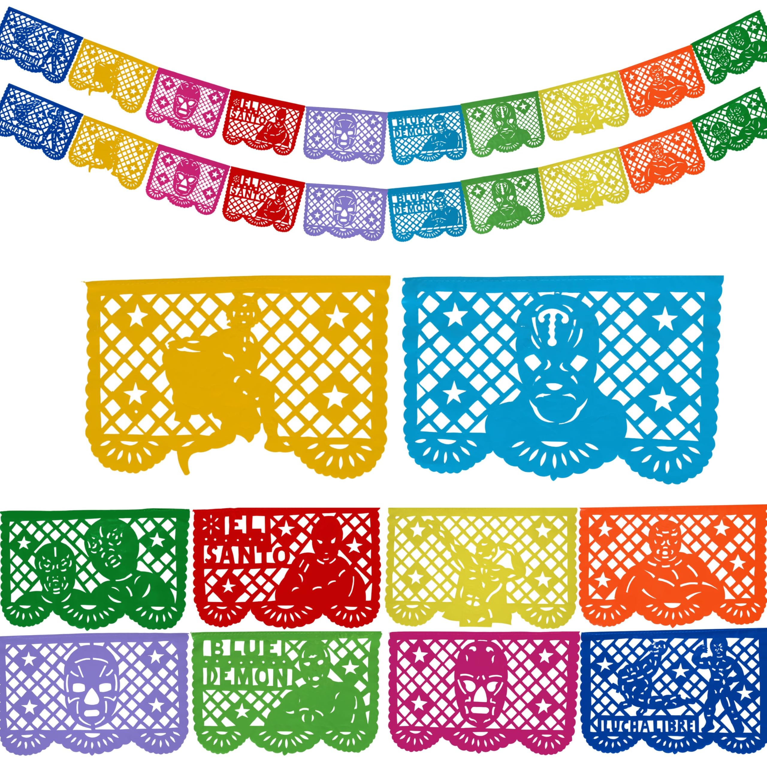 Lucha Libre 2 Pack - Mexican Plastic Papel Picado Fiesta Decoration Banner Festival Garland | Multi Colored Mexicano Featuring Los Luchadores Blue Demon & El Santo