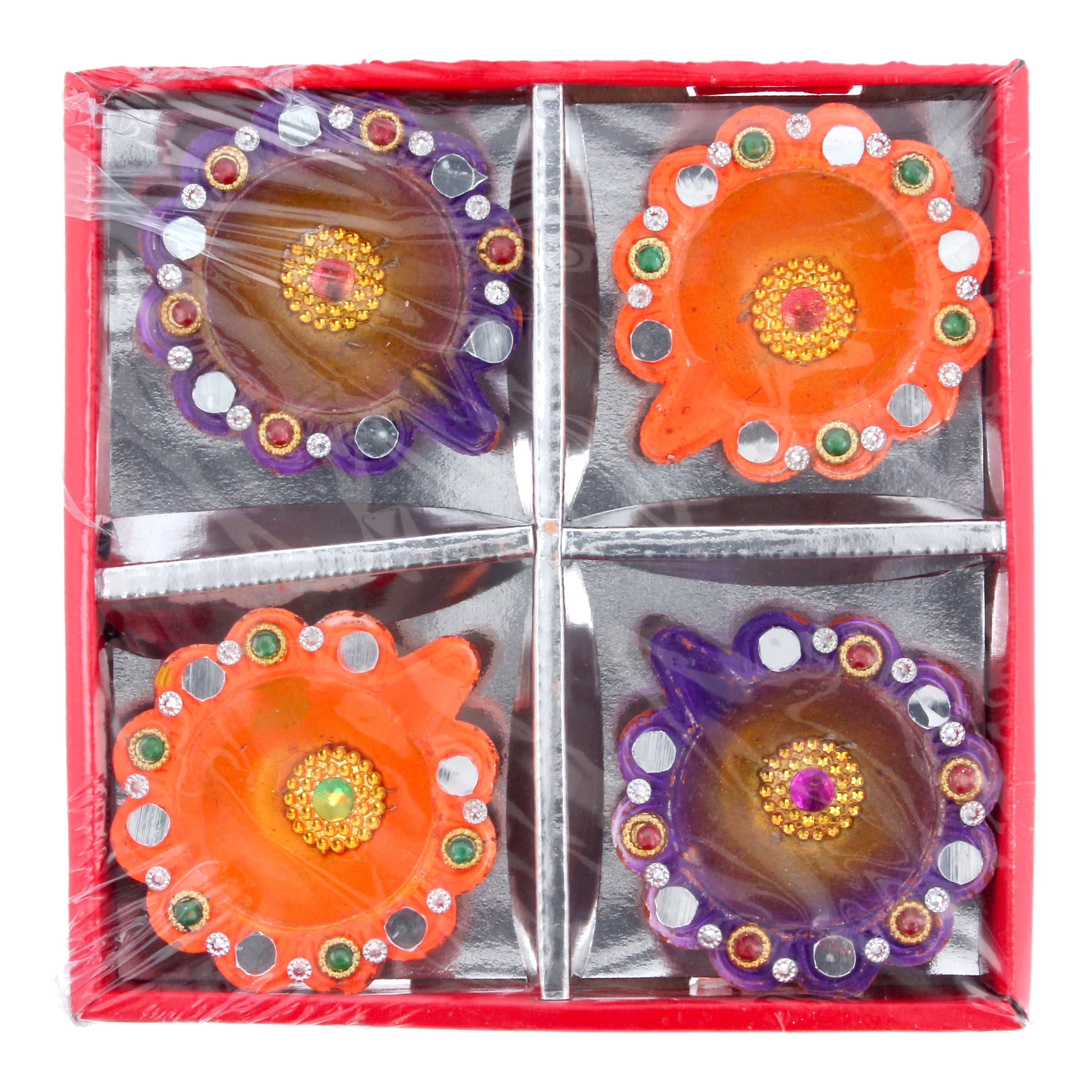 Diwali Clay Diya Indian Oil Lamps Diva Metallic Painted Tealights Handmade Diwali Decorations Diyas Hindu Festive for Home Pooja Temple Décor Gifts Set of 4 (Purple & Orange)