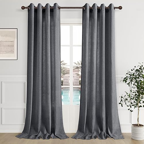 Dark Grey Linen Curtains for Bedroom 84 Inch Length 2 Panel Set for Dining Room Door Grommet Cloth Cotton Drapery Farmhouse Semi Sheer Charcoal Greyish Gray Curtain for Dorm Boys Bedroom 84 Long