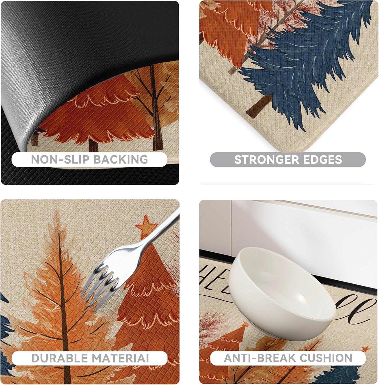 Hello Fall Autumn Kitchen Rug Sets [2 PCs], Rustic Woodland Trees Anti-Fatigue Kitchen Mats, Waterproof Non-Slip Heavy Duty Comfort Foam Rug for Floor, Thanksgiving Decor, 17"x29"+17"x47"