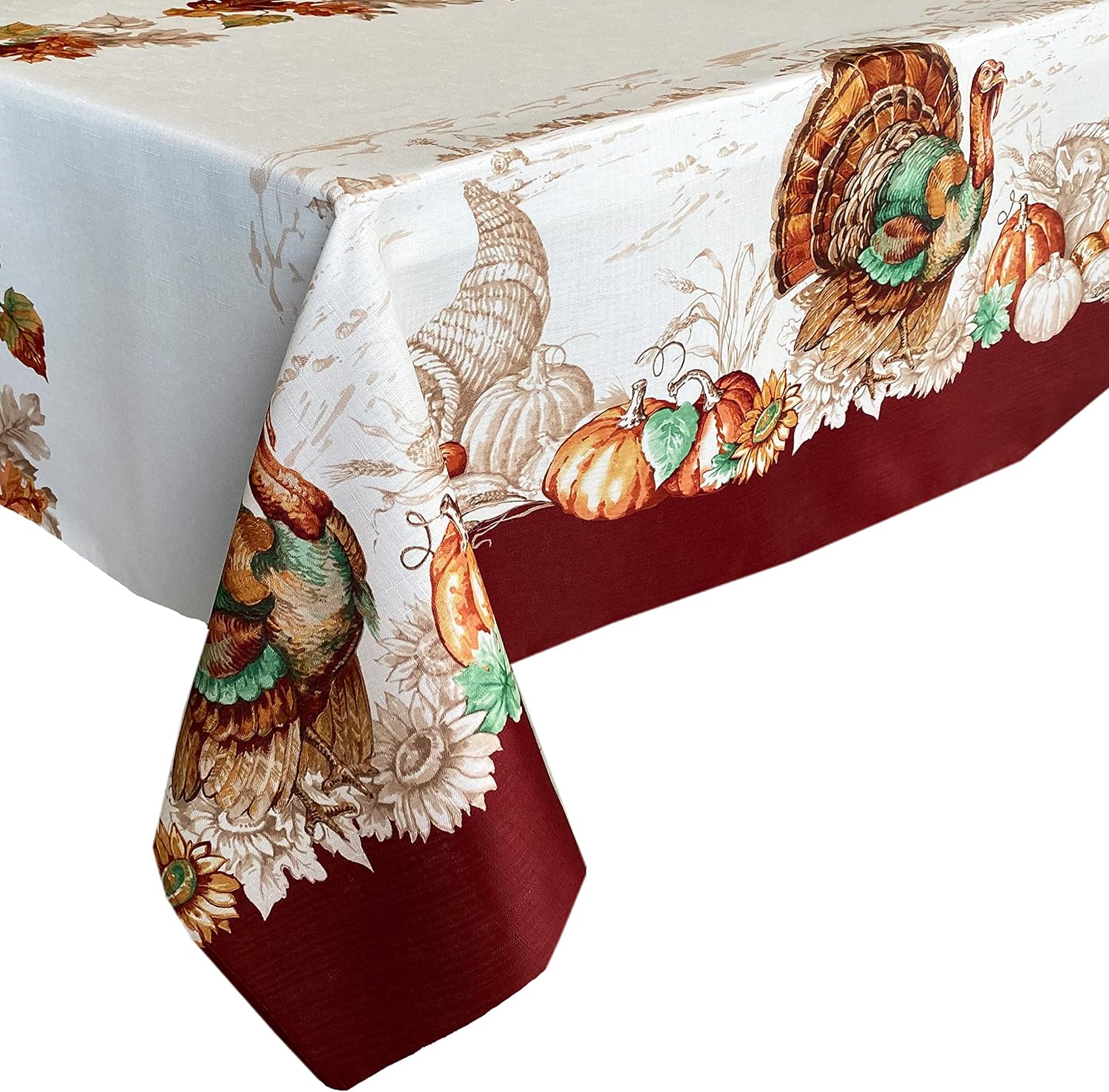 Newbridge Country Thanksgiving Turkey Fabric Bordered Tablecloth, Fall Autumn Pumpkin Harvest Leaf Toile Cottage Print, Soil Resistant No Iron Easy Care Tablecloth, 60 Inch x 120 Inch Oblong/Rectangle