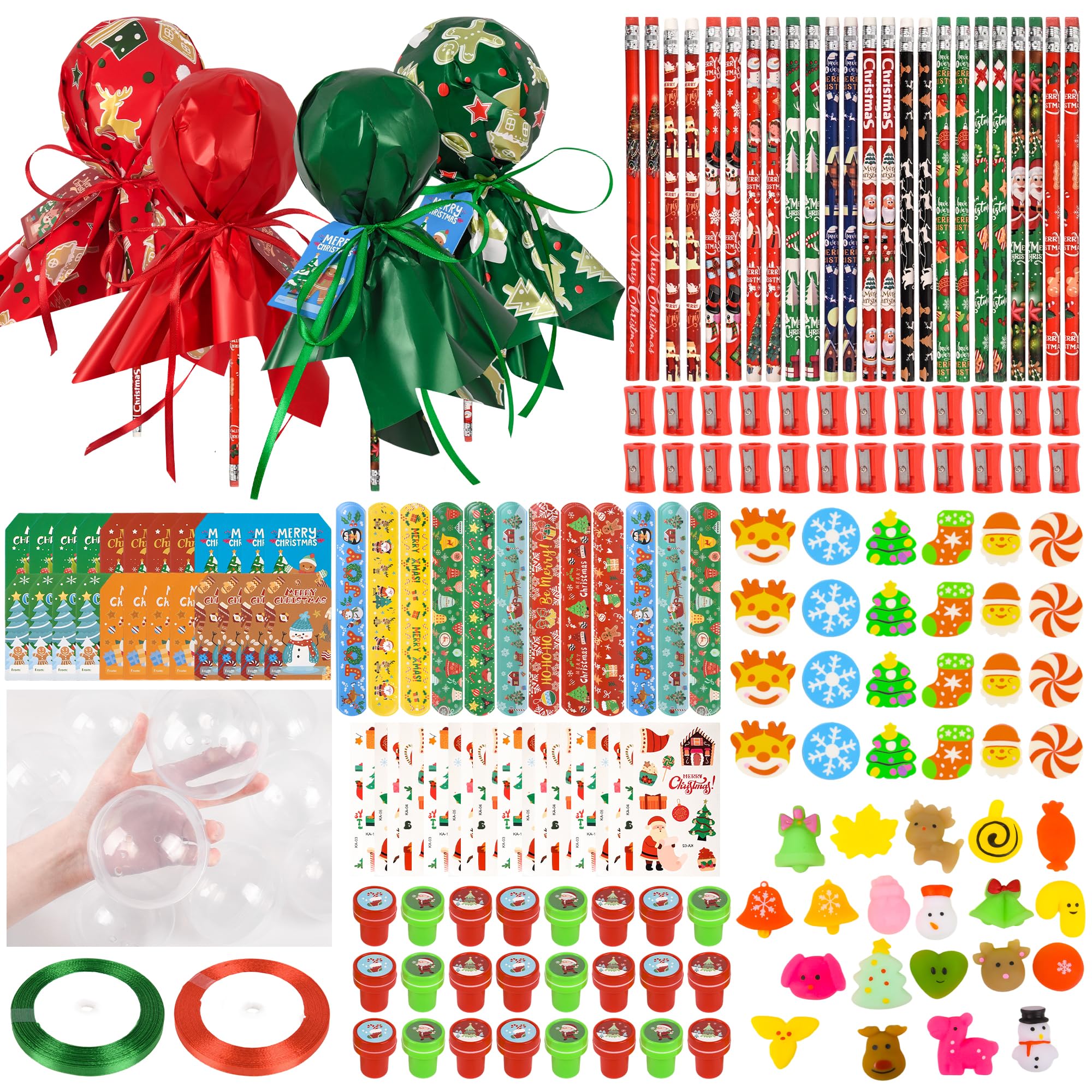 Confezione da 24 forniture per feste di Natale, regali di ritorno per studenti di cancelleria da insegnante lecca-lecca gigante con biglietti regalo, matite, gomme, temperamatite per scambio