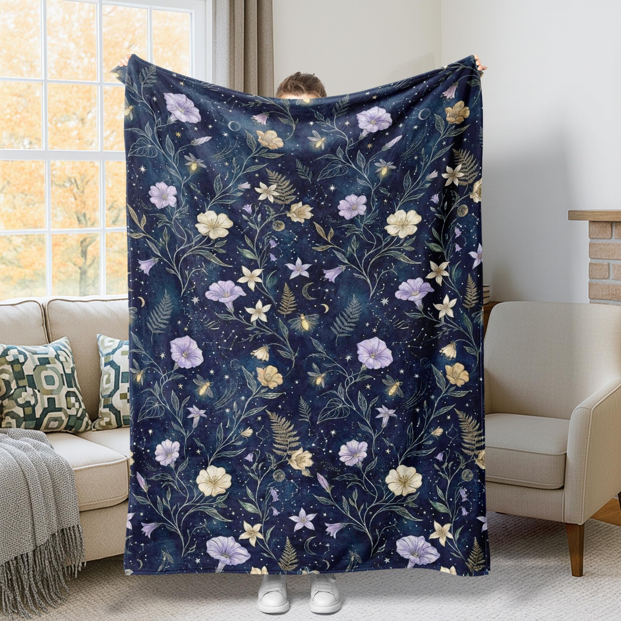 Manta diseño floral de helecho y estrella azul marino manta de felpa de alta estética