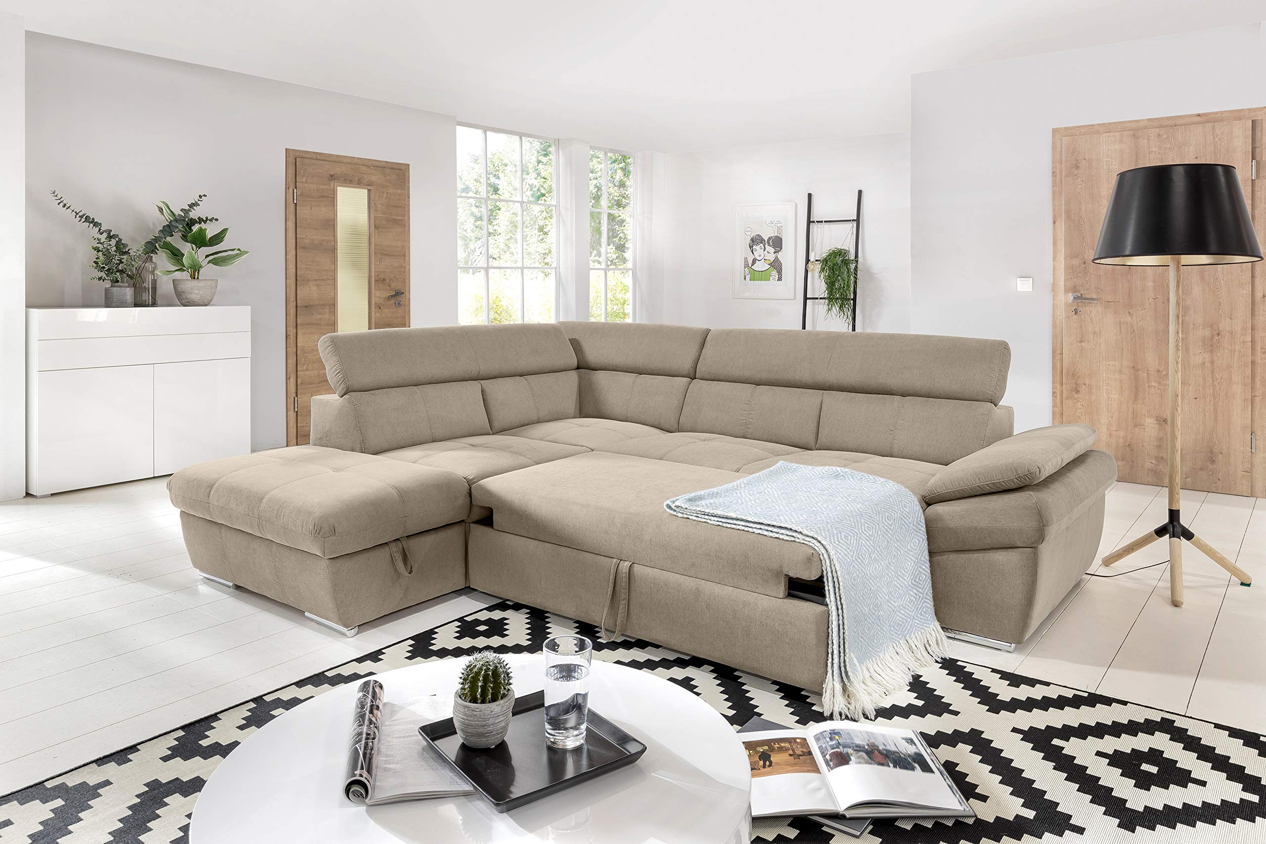 My Brand Divano Letto Angolare con Penisola Contenitore Sx Beige 265x218 cm | Microfibra nappata beige, funzione letto, penisola contenitore sinistra, divano soggiorno angolare, altezza 92 cm