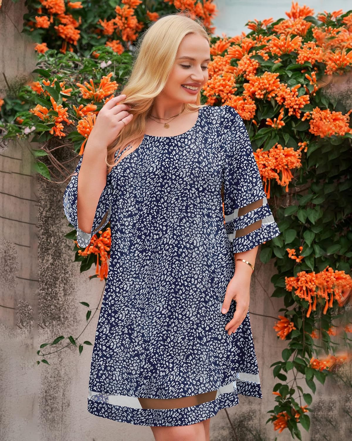 LookbookStore Women Casual Crewneck Mesh Panel 3/4 Bell Sleeve Loose Tunic Dress - Image 7