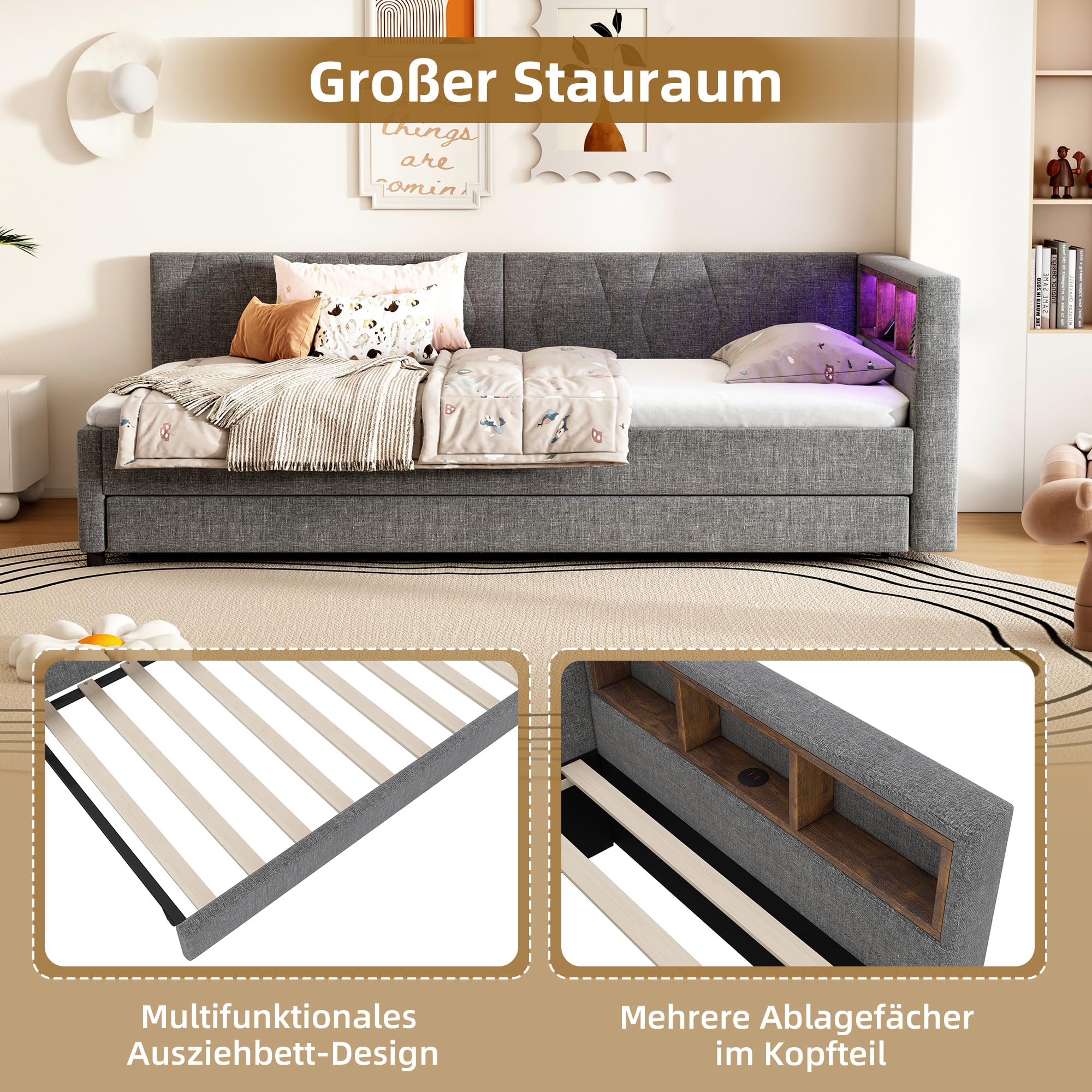 Dolamaní Łóżko tapicerowane 90 x 200 cm, z diodami LED i USB + typ C, łóżko ze stelażem i łóżkiem wysuwanym, dla dzieci, łóżko młodzieżowe, łóżko funkcyjne, łóżko pojedyncze, lniane, bez materaca