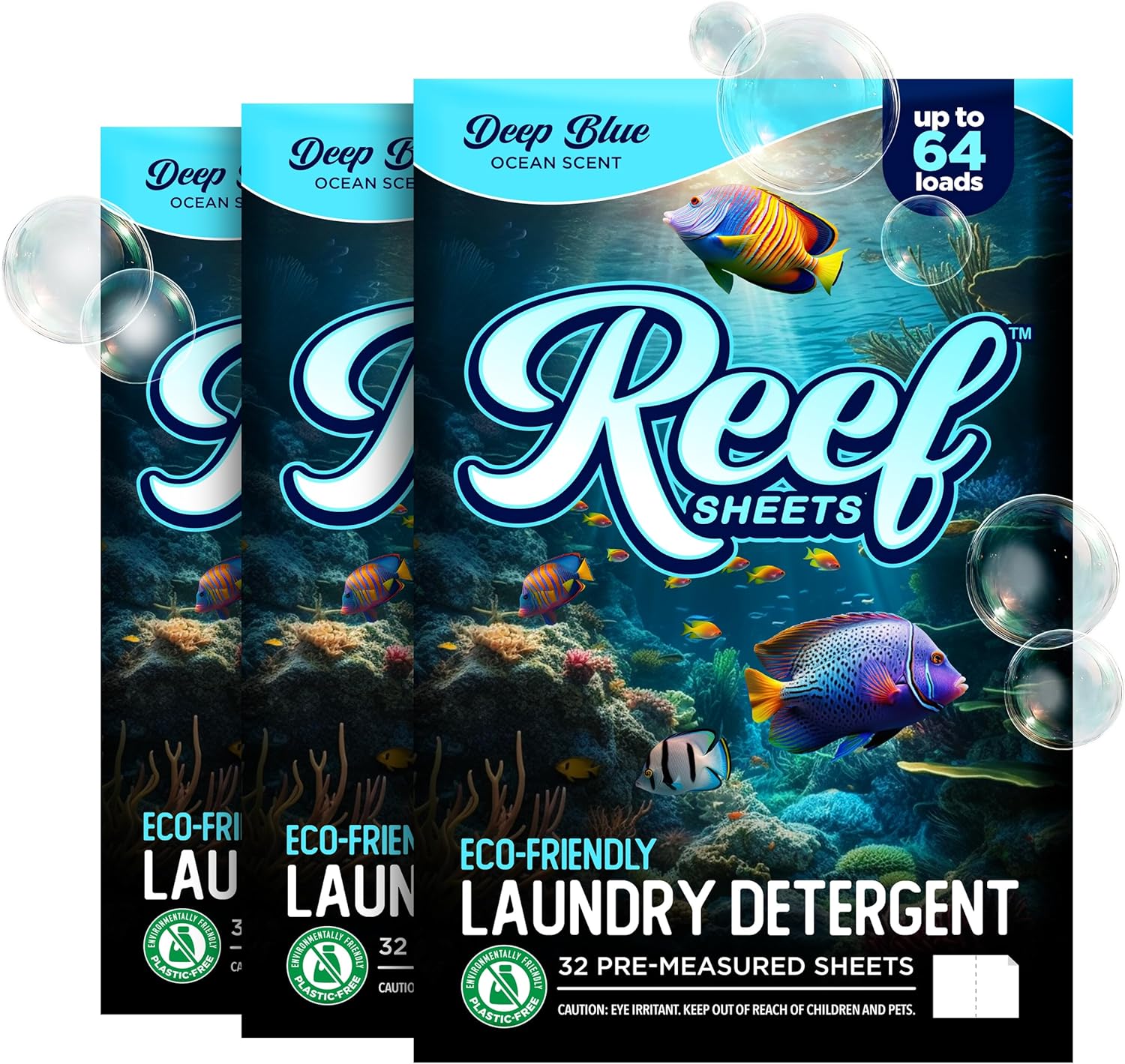 Reef Sheets Laundry Detergent Sheets, 192 loads, Hypoallergenic & Plastic-Free Eco-Friendly Packaging, Gentle on Skin, Tough on Stains, Travel-Friendly, Deep Blue Ocean Scent, 32ct (3 Pack)