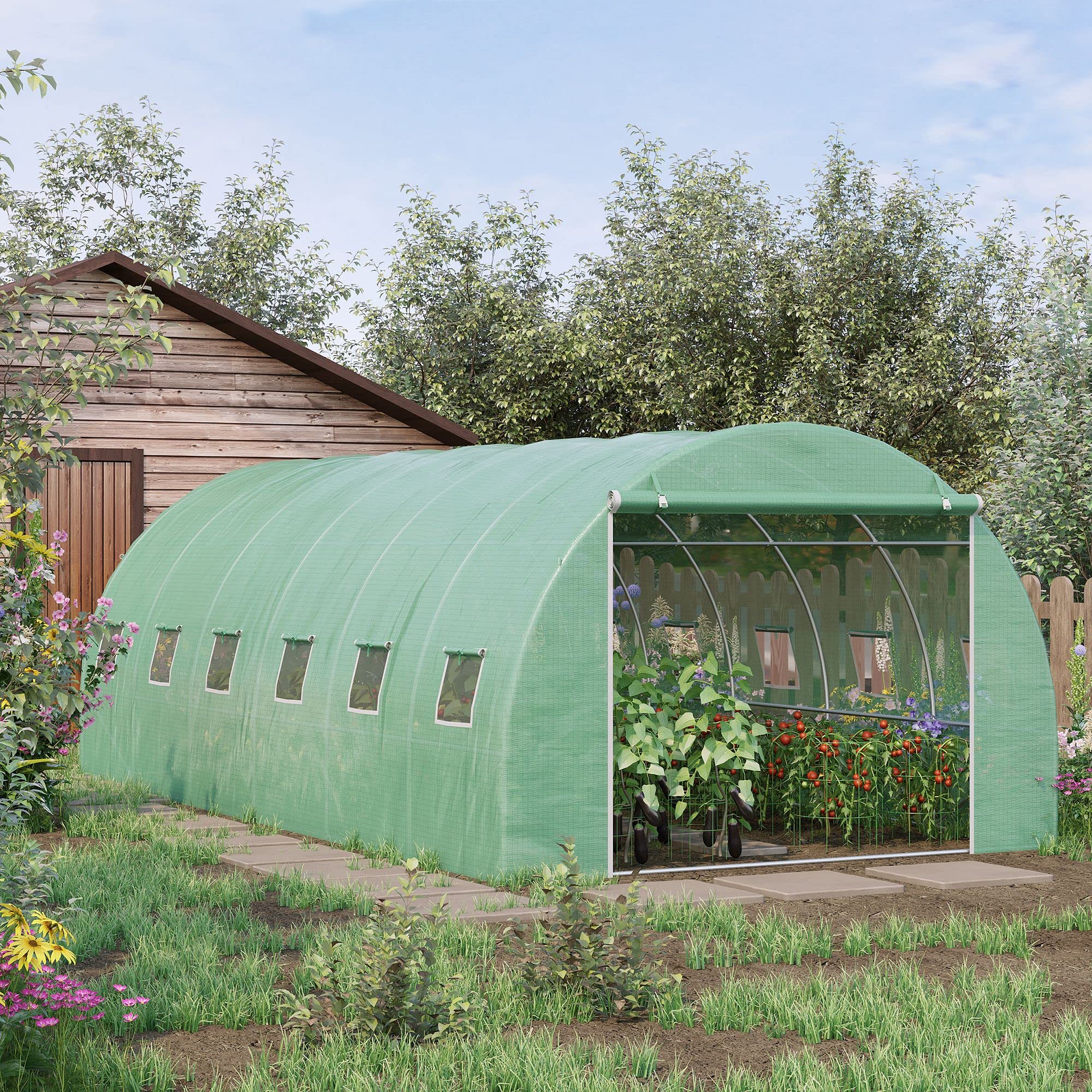 Outsunny Invernadero de Túnel de Jardín 6x3x2 m con Puerta Verde | Invernadero Exterior Grande para Huerto con 12 Ventanas, Ideal para Cultivos, Plantas, Verduras y Flores