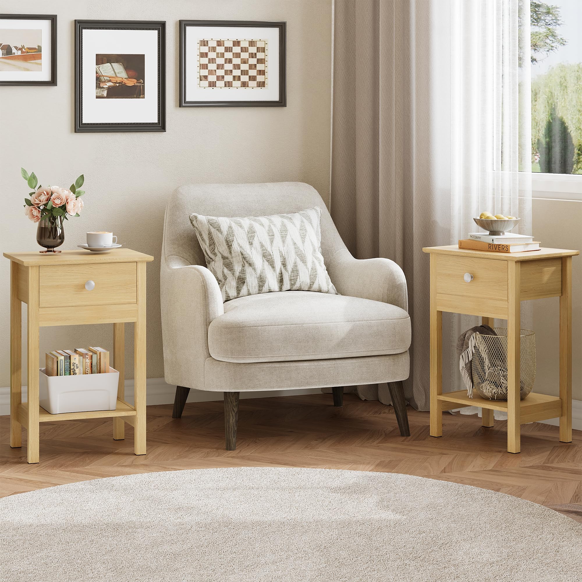 WLIVE Nachttisch,Beistelltisch aus Holz,mit Einer Schublade und Ablage,Platzsparend,Geeignet für Schlafzimmer und Wohnzimmer,Modern (2, Eiche)