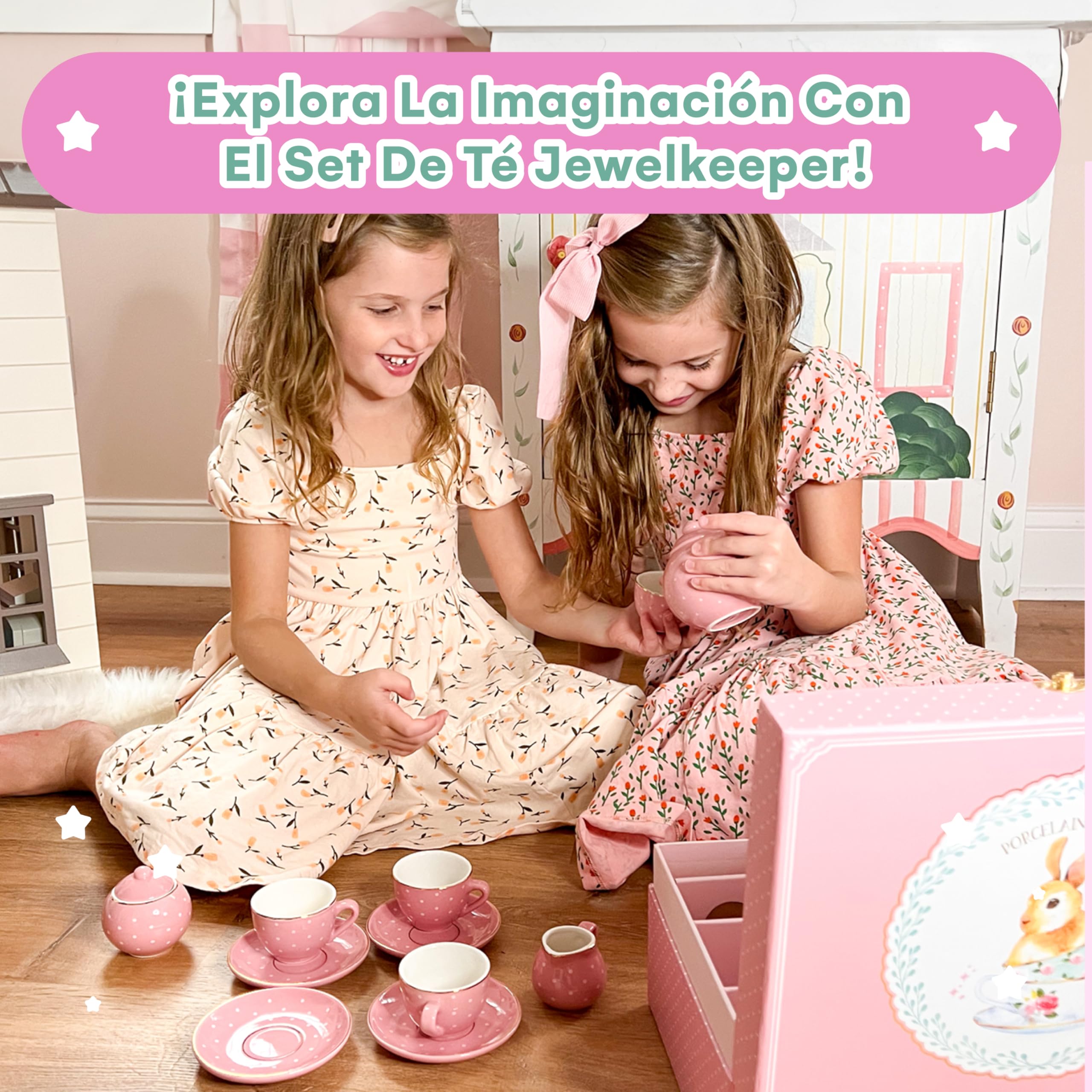 Jewelkeeper - Juego de té para niñas, Servicio de té Juguete de Porcelana, vajilla Infantil de 13 Piezas - Diseño de Lunares Rosas