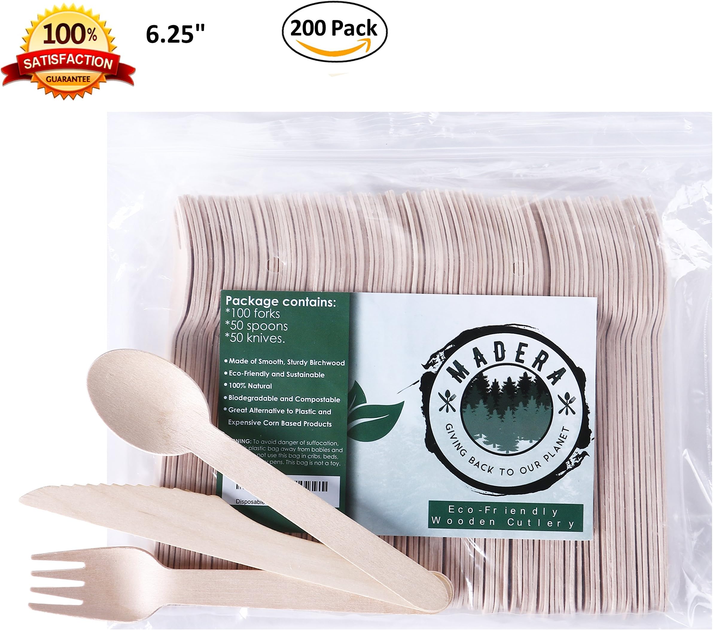 Madera Eco-Friendly Disposable Cutlery Set (100 Forks/50 Spoons/Knives) | Natural, Birchwood, Biodegredable & Compostable Tableware For Parties, BBQ, Weddings, Camping, Picnics | Kitchen Utensil Set