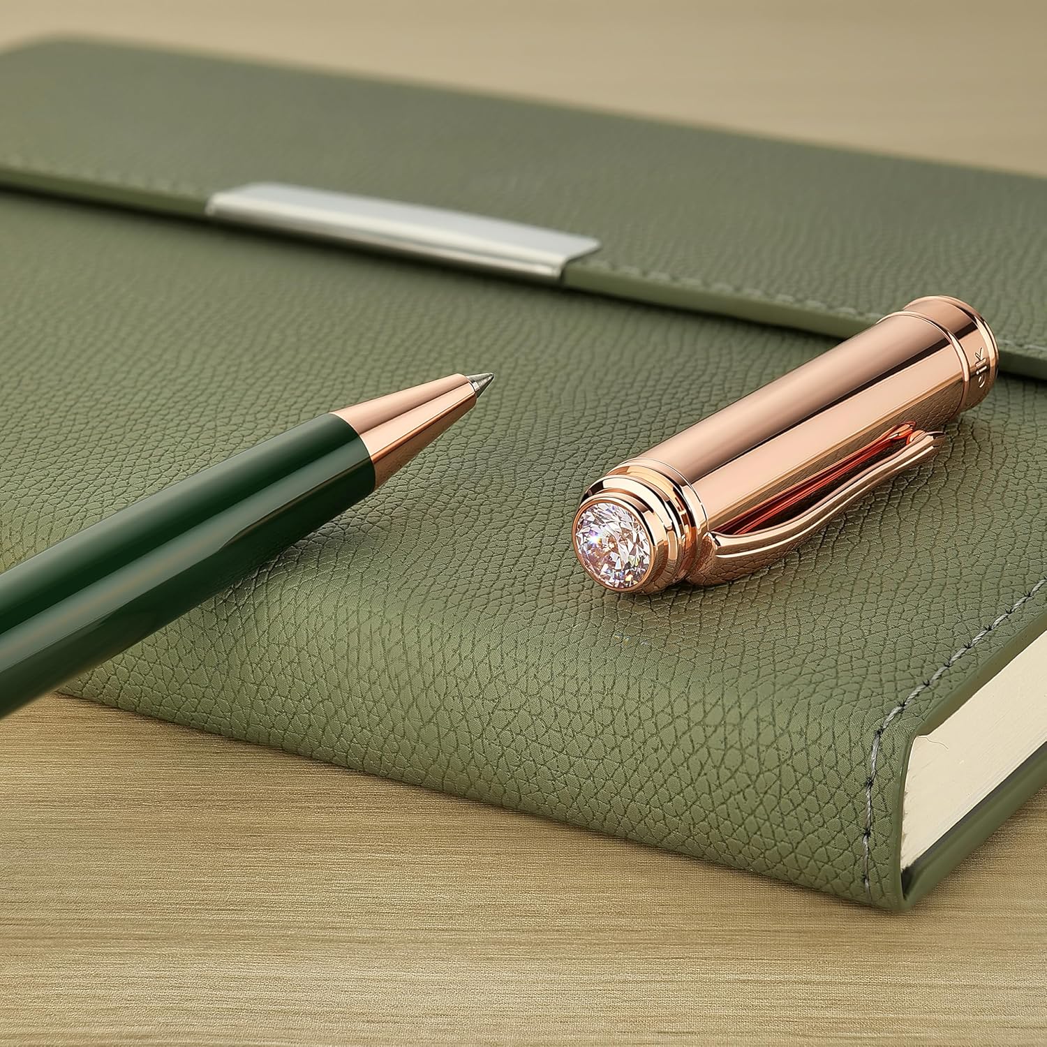 Luxury Gel Pen, Top Set With 8mm Brilliant Diamond,Dark Green Pen Body,Attractive Rose Real Gold Finish, Black Refill,Elegant Gift Pen For Women, Executive, Fancy, Graduation, Nice Pens - Image 3