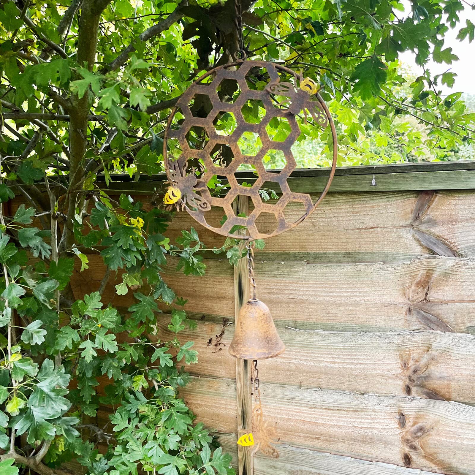 Honeycomb Bee Wind Chime Cast Iron Brown Hanging Bell Mobile Metal Garden Decor 65cm