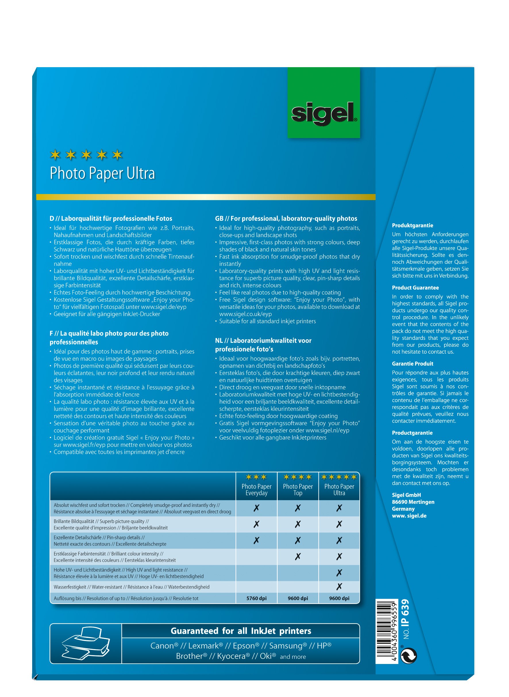 SIGEL IP639 Papel fotográfico profesional para impresoras InkJet, tamaño A4 (21 x 29,7 cm), alto brillo, 190 g, 50 hojas