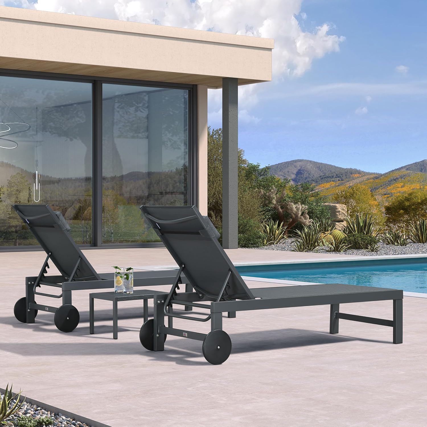 PURPLE LEAF Patio Lounge Chair Set of 3 Outdoor Chaise Lounger Aluminum Frame with Side Table and Wheels for Pool Outside Sunbathing Tanning Recliner Including Pillows Gray