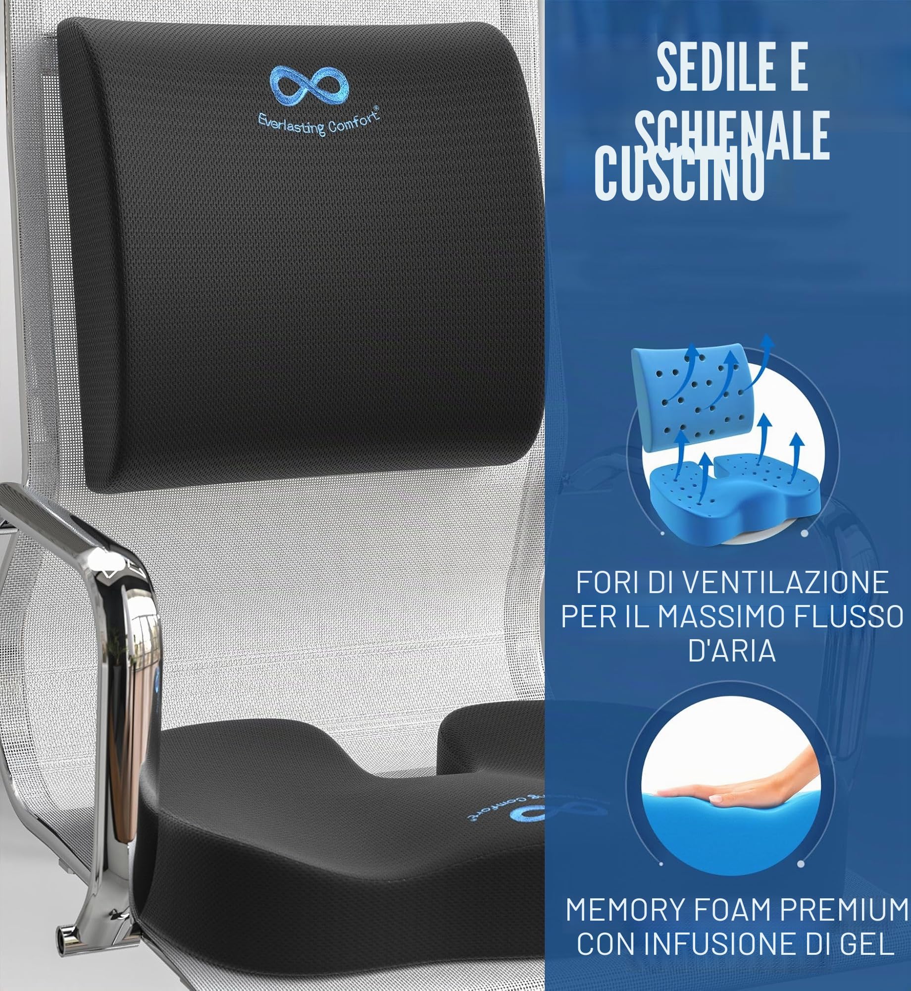 Everlasting Comfort Set cuscino seduta e schiena con gel – Memory foam per ufficio, auto e sedia gaming
