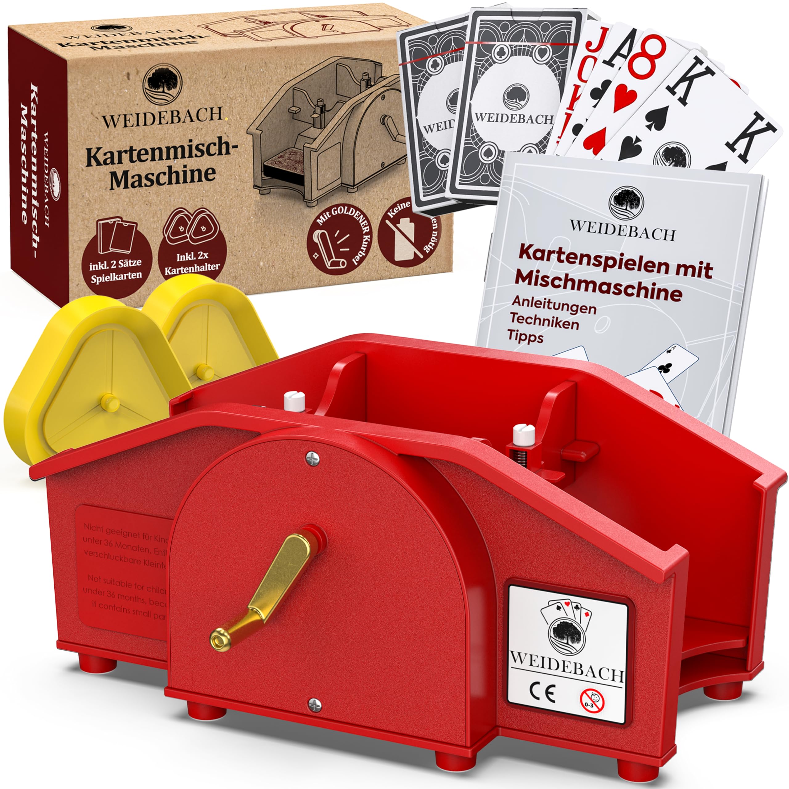 Weidebach® rot Kartenmischmaschine mit Goldener Kurbel für alle Standard Kartenspiele, Kartenmischer mit 2X Kartenspielen & Ersatzkurbel, Karten Mischgerät mit Buch für lustige Spieleabende
