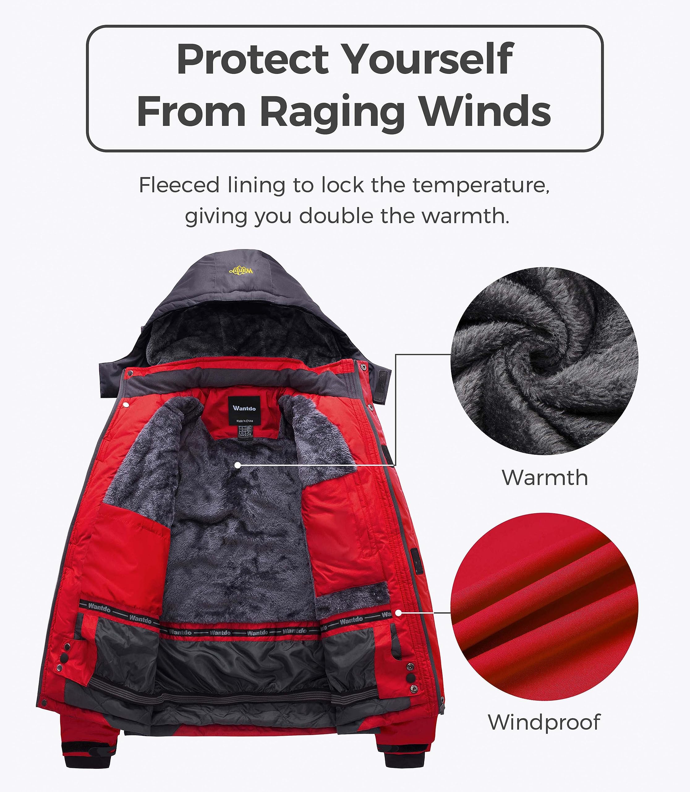 Wantdo Giacca da Sci Montagna Calda Invernale Parka da Neve Imbottita Cappotto da Snowboard in Pile Giubbotto con Cappuccio Impermeabile Uomo