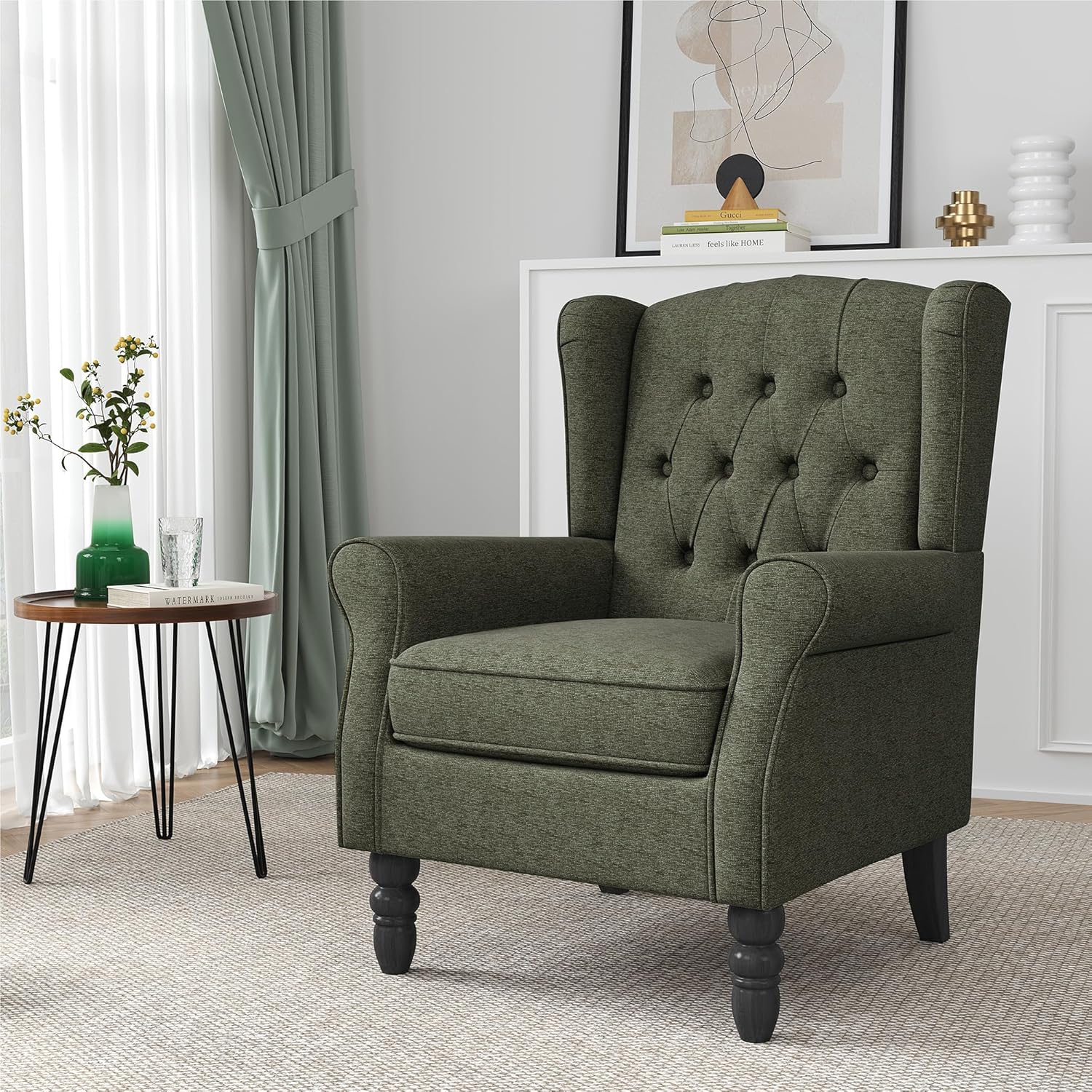 Wingback Accent Chair, High Back Arm Chair for Living Room, Button-Tufted Upholstered Fabric Armchair with Solid Wood Legs, Comfy Single Sofa Reading Chair for Bedroom, Green