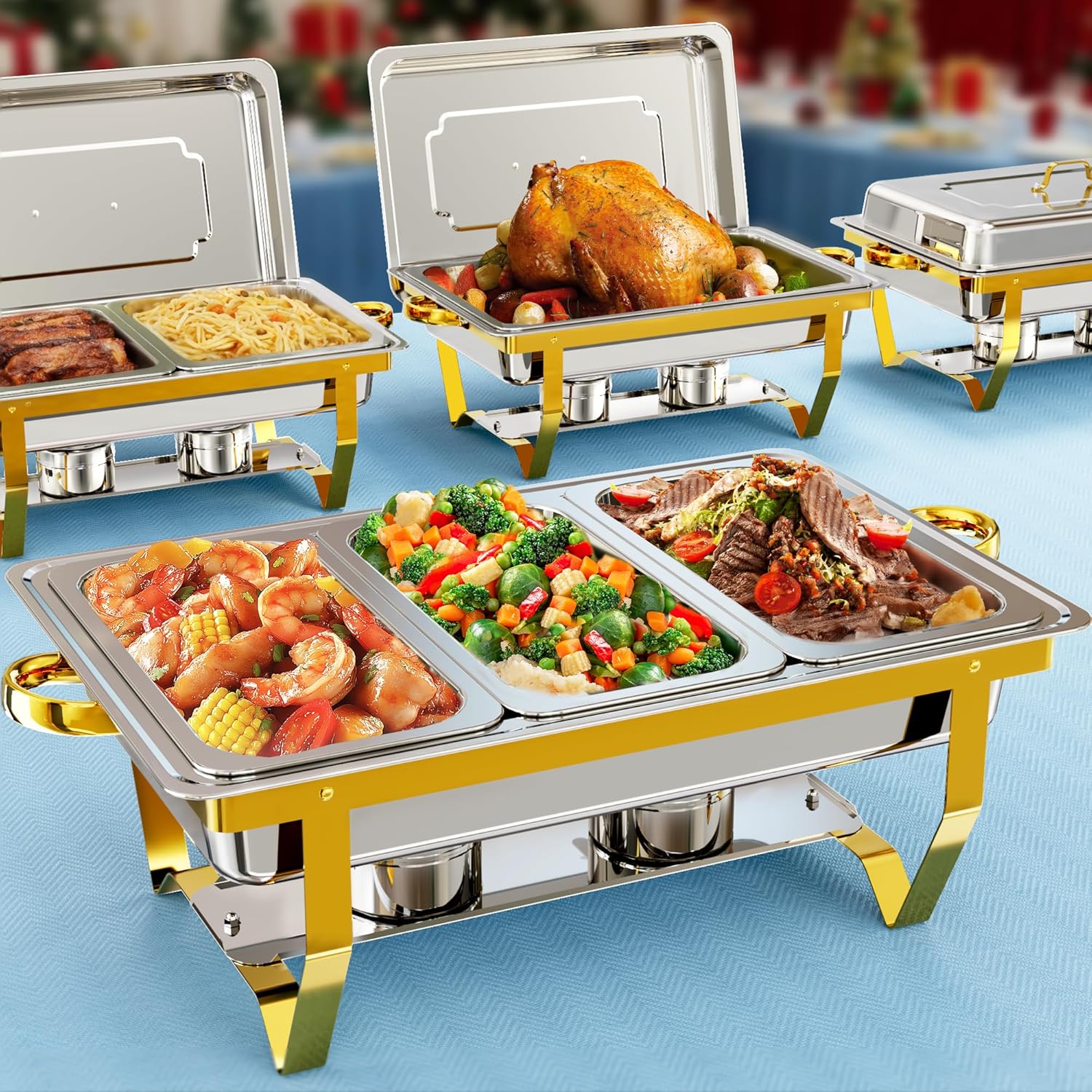 9.5QT Rectangular Chafing Dishes for Buffet 4 Pack 3 Size with 7 Food Pans & Chafing Dish Set 4 Pack Full Size Large Capacity Sturdy & Rolled Edge Design Food Warmers for Parties, Gathering