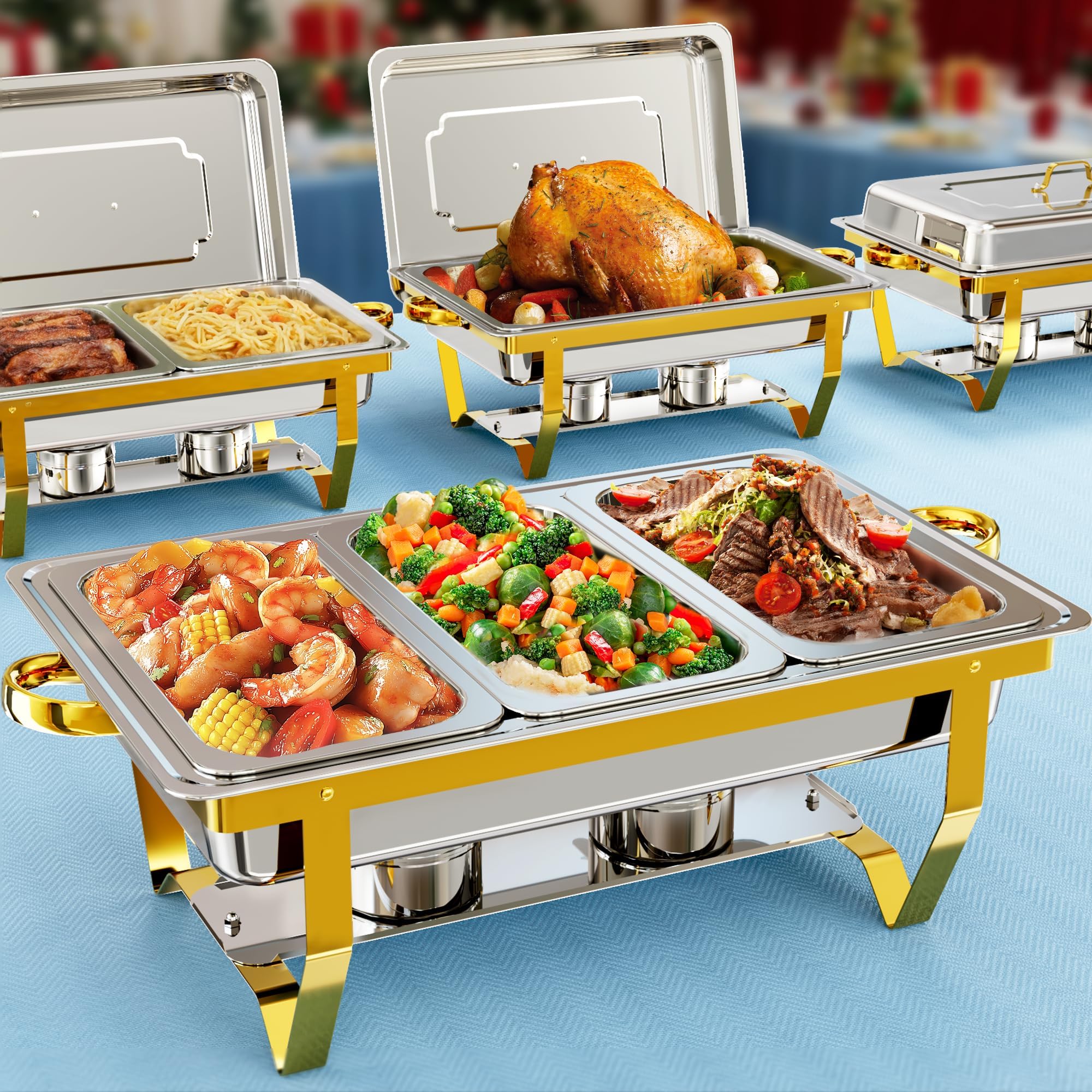 Chafing Dishes for Buffet 4 Pack 7 Pans, 9.5QT [Large Capacity] High-Grade Stainless Steel Food Warmers with Rolled Edge | Easy to Clean [Elegant Gold & Silver] for Buffet, Party, Wedding & Catering