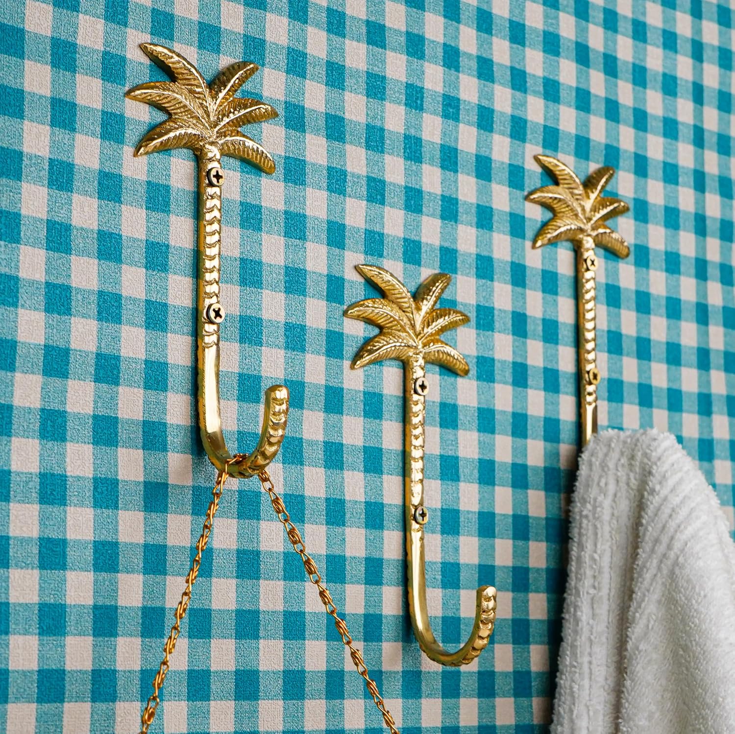 Indian Shelf 3 Pieces Unique Brass Palm Tree Wall Hooks Palm Tree Tropical Outdoor Decor Gold Decorative Hangers for Coats, Towels, Bags, Hat, Key Tropical Home Decor
