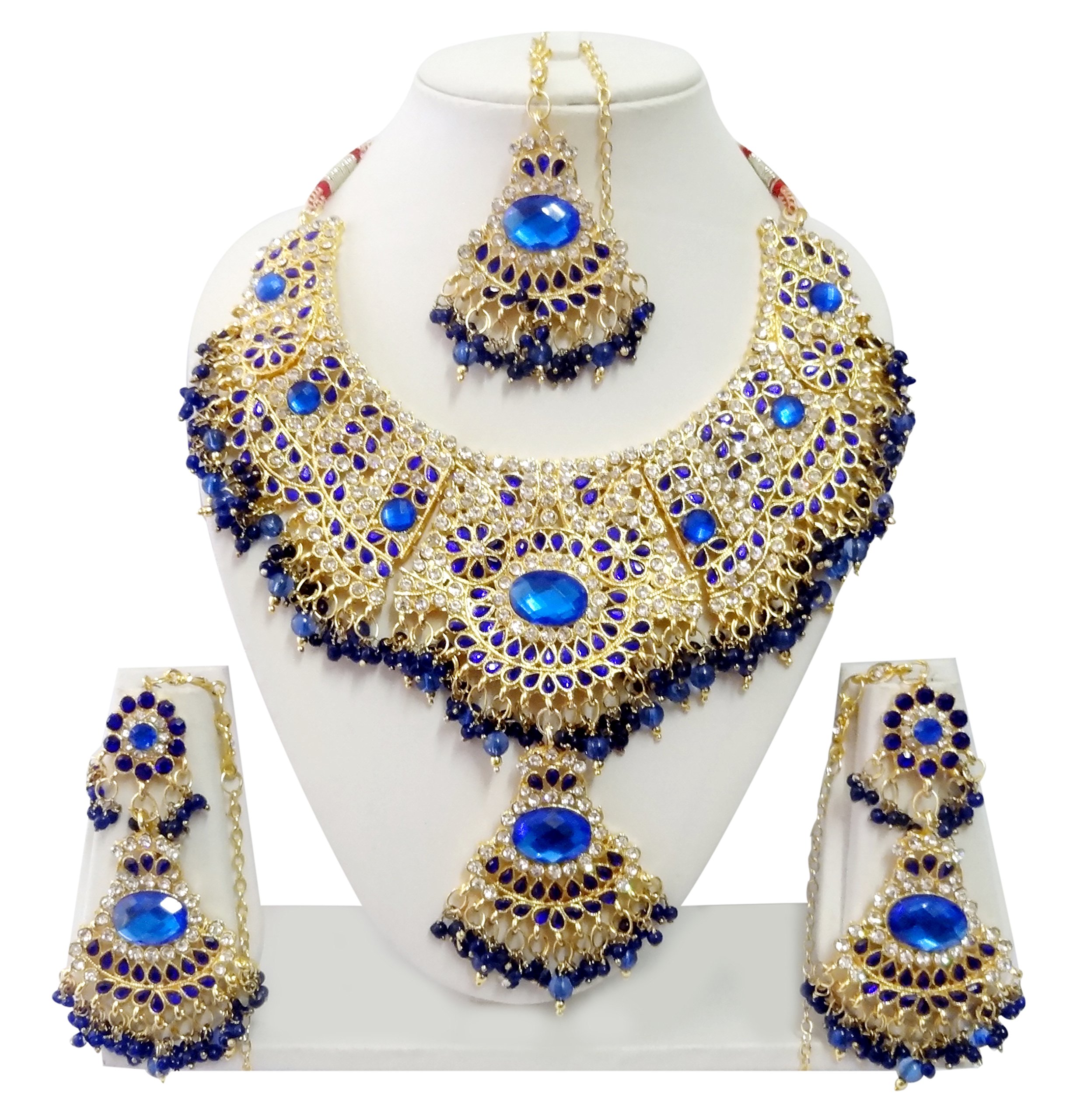 Indian Bollywood Jewelry Set Ethnic Gold Plated Necklace Set Earrings Maang Tikka JS9004 Blue