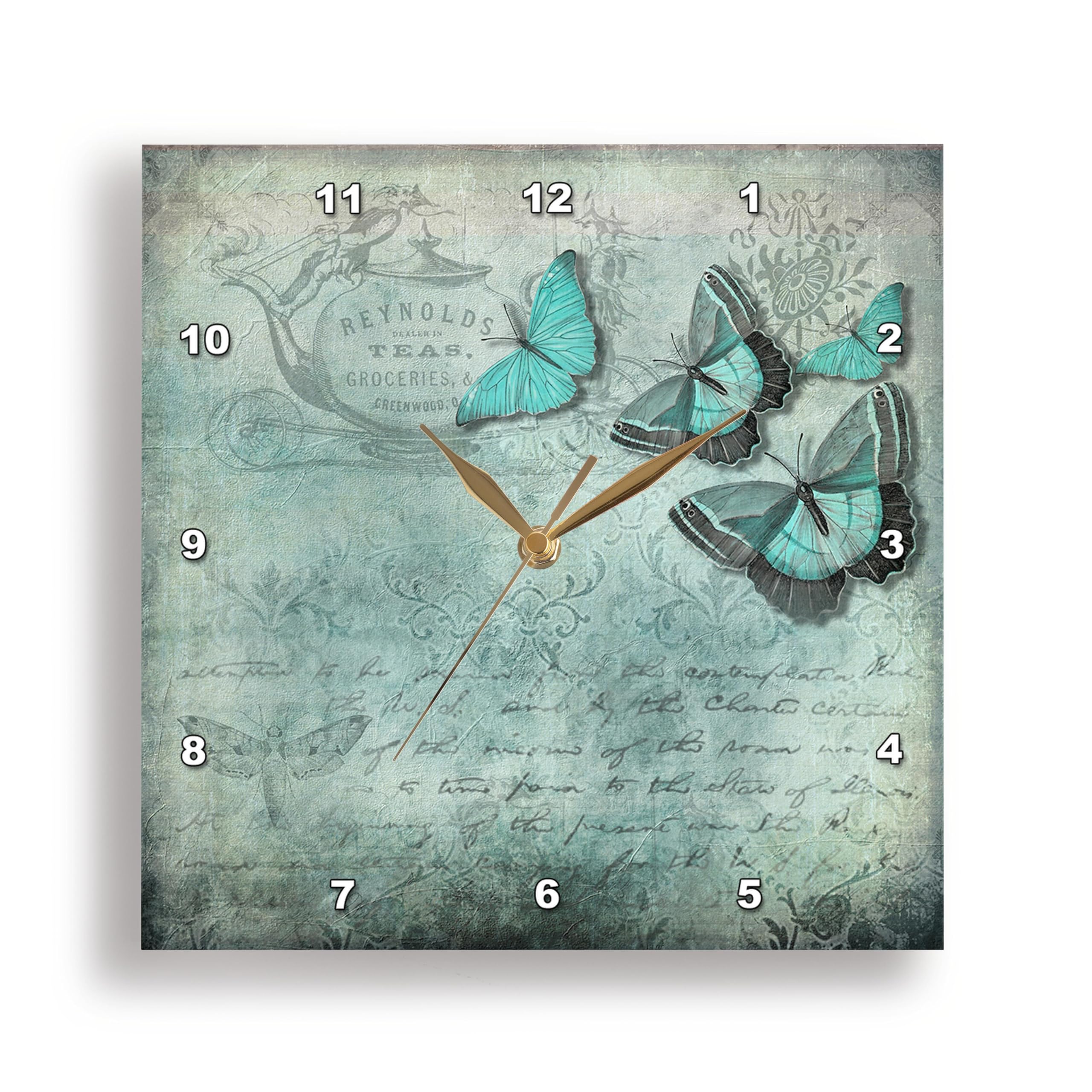 3dRose Wall Clock Silent - 10 inch - Butterfly Art Vintage Style in Blue and Turquoise - Art Illustration