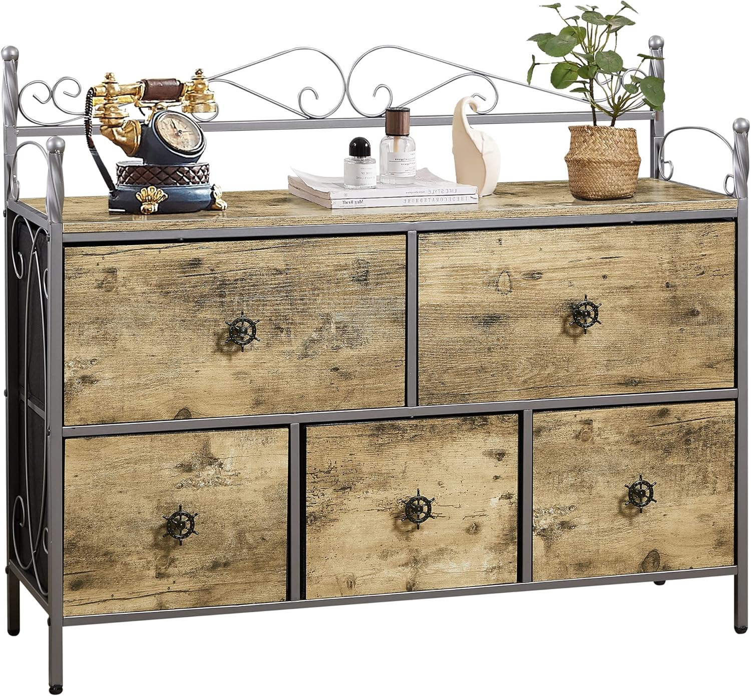 VECELO 39.4"x11.8"x31.9" TV Stand,Dresser Storage Tower Cabinet,TV Cabinet with 5 Fabric Drawers,Wooden Bedside Table for Living Room,Bedroom