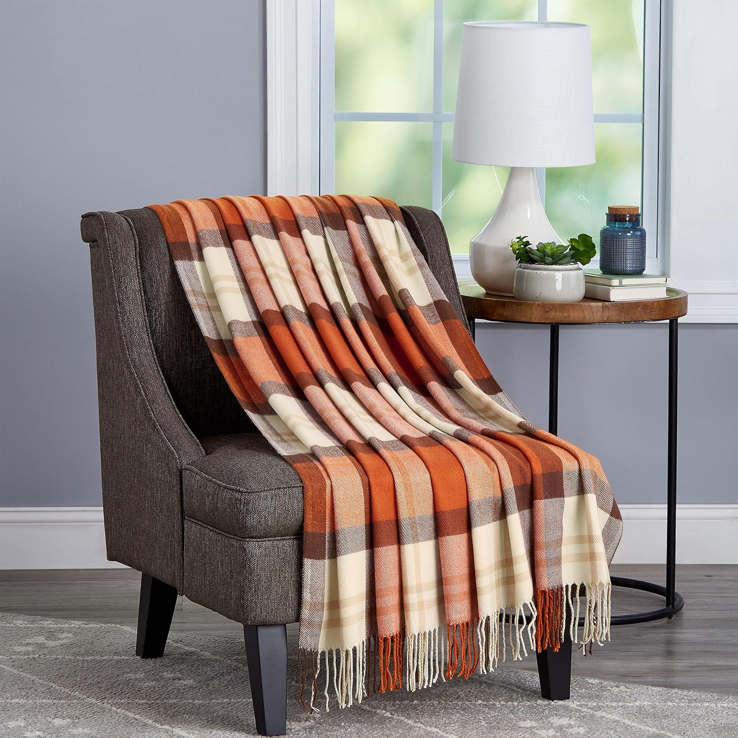 Oversized Vintage Look Woven Acrylic Faux Cashmere-Feel Plaid Throw – Breathable and Machine Washable by BH (Spice Plaid)