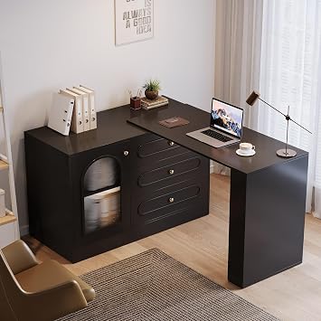 Tribesigns 78" L Shaped Computer Desk with 3 Drawers, Reversible Corner Desk with Cabinet for Small Space, L Shape Desk with Storage for Writing Study Work Executive Black