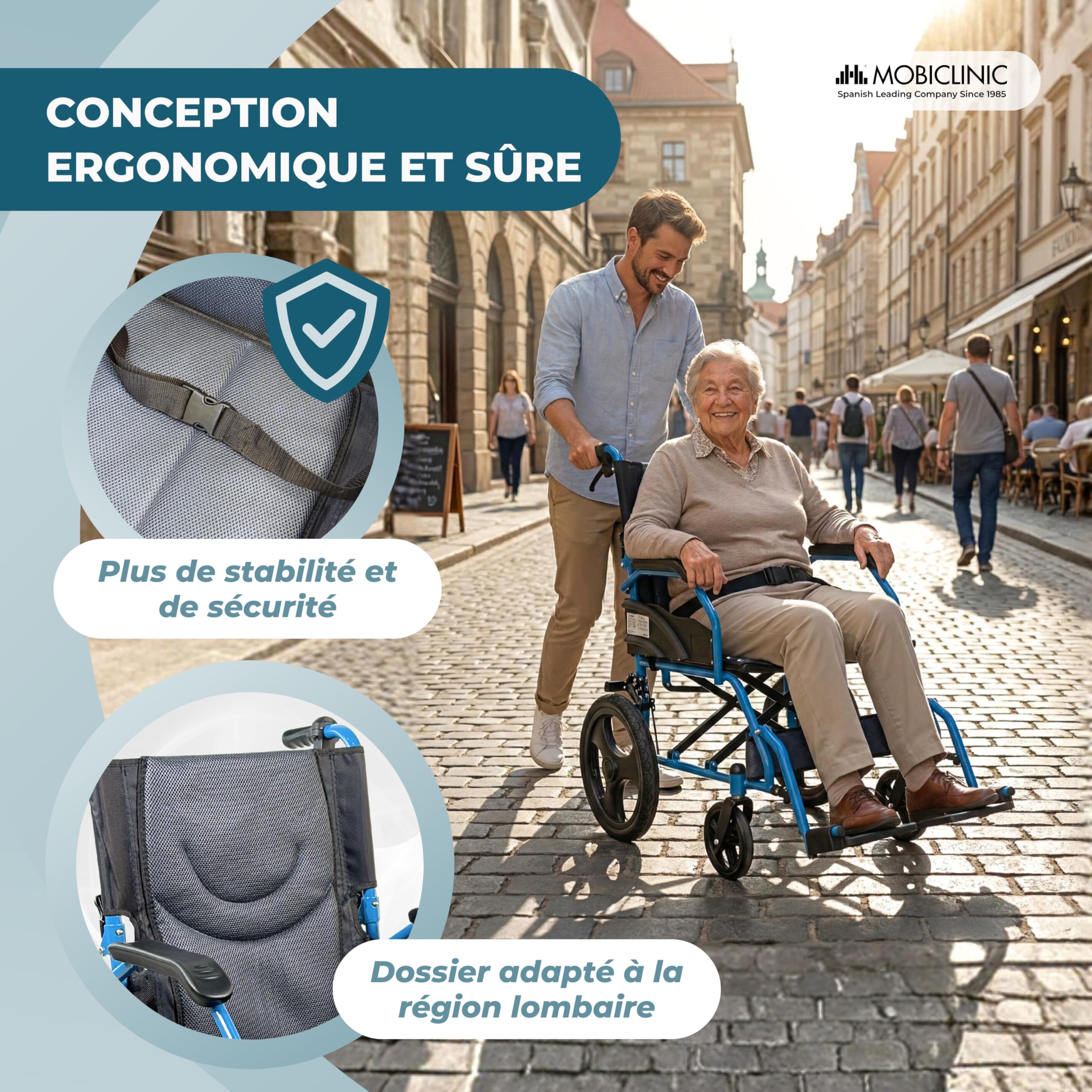 Mobiclinic®, Fauteuil Roulant Pliant Léger, de Transfert, Dossier Rabattable, Repose-Pieds Rabattables, Double Système de Freinage, Acier Renforcé, Jusqu'à 100 kg, Léger et Compact, Faraón