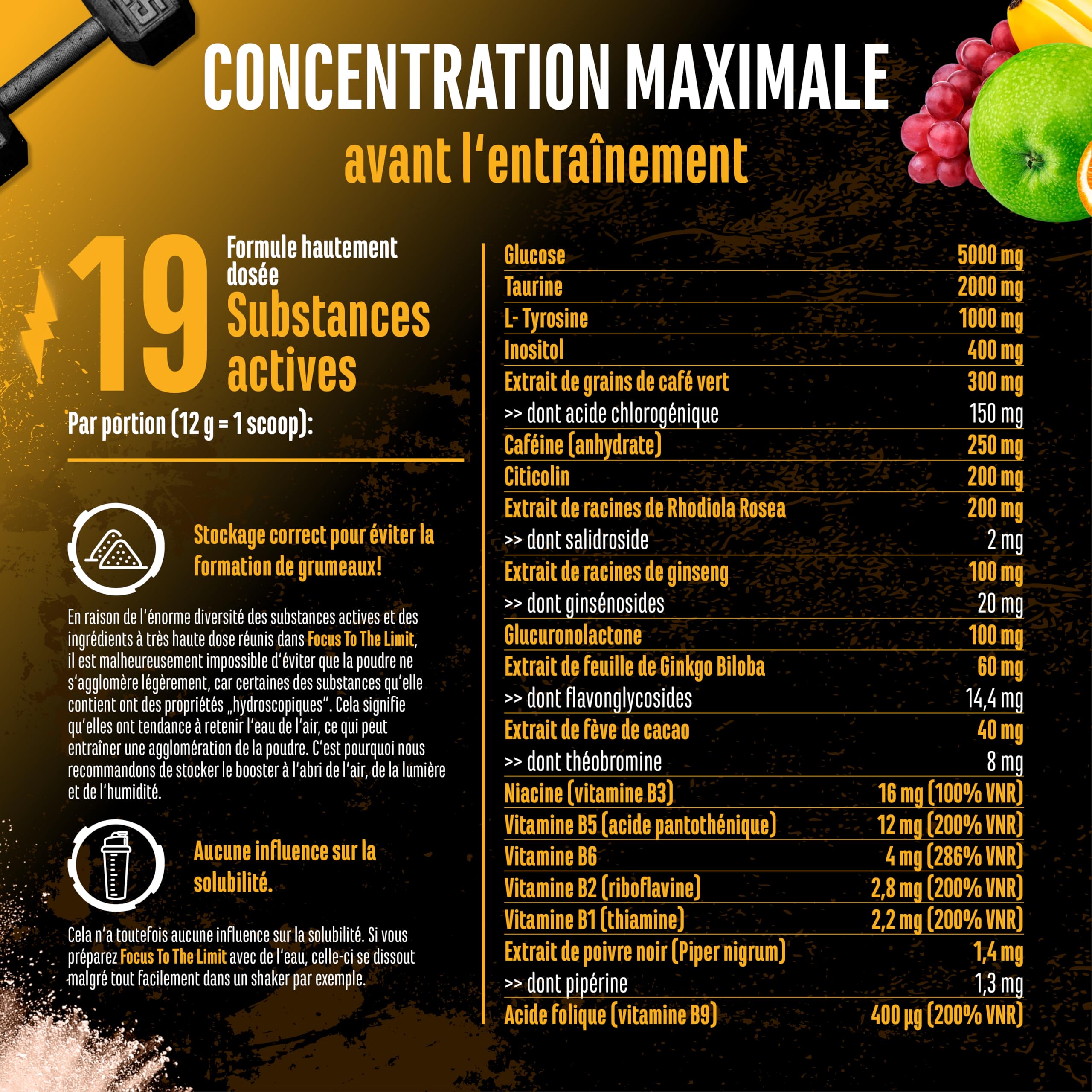Focus to the Limit - Pre Workout hautement dosé avec L-Tyrosine + Taurine + Inositol + Extrait de Ginkgo + Citicoline + Rhodiola rosea + Caféine & Vitamines - (240 g, goût Mélange de fruits)