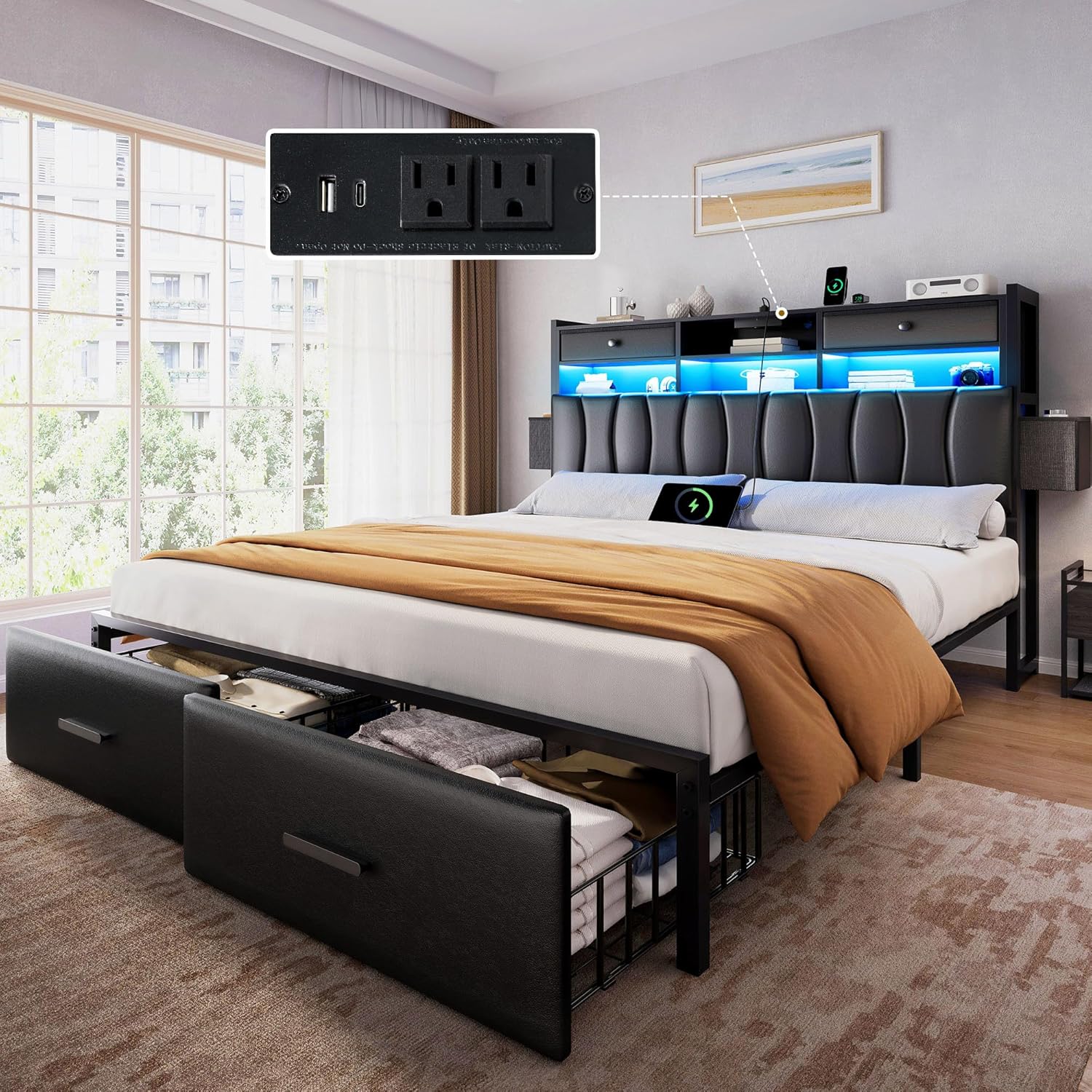 DWVO Queen Size with 2 Storage Drawers and Charging Station, Upholstered Bed with Storage Headboard and LED Light, Heavy Duty Metal Support, No Box Spring Needed, Noise Free, PU Leather Black