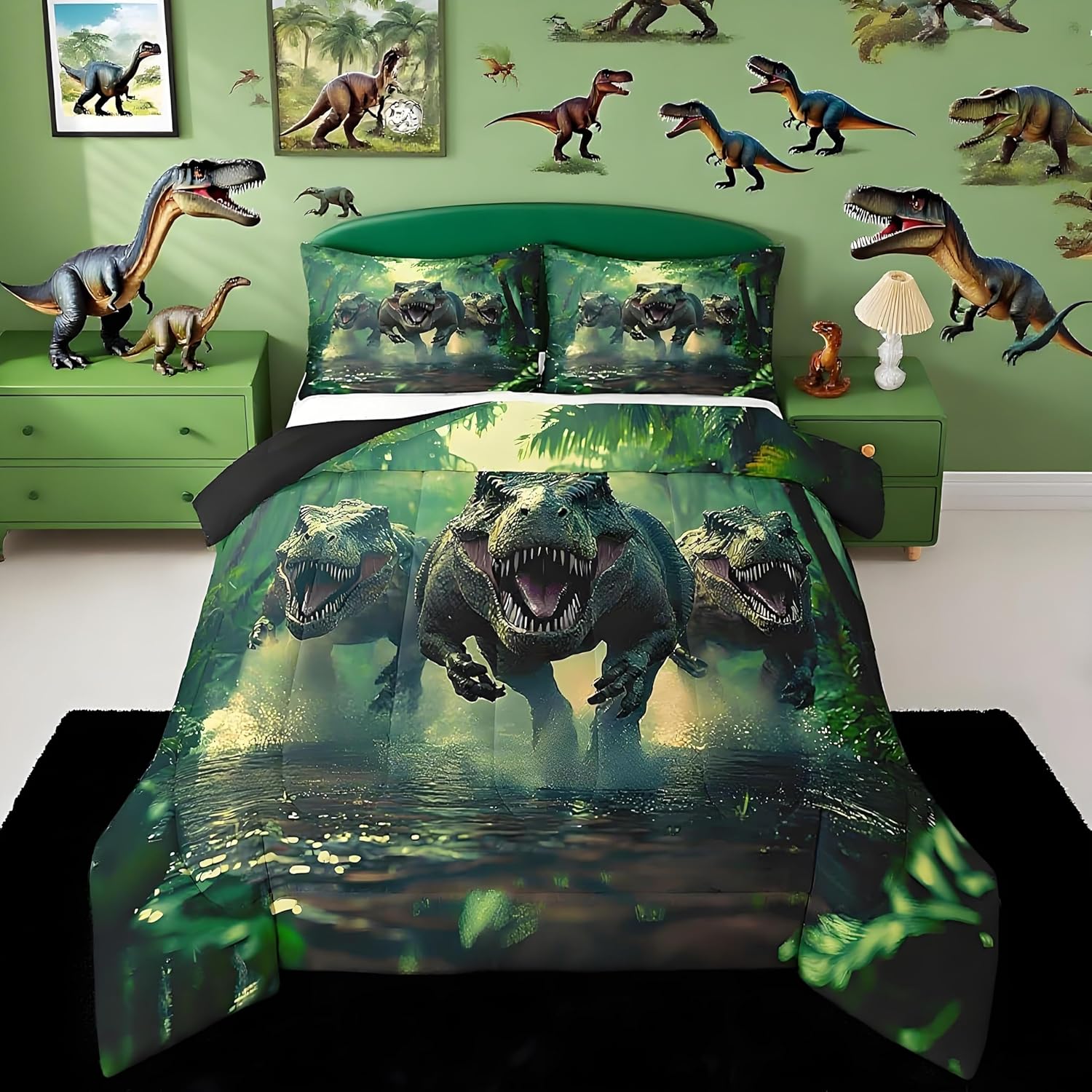 Feelyou Kids Dino Comforter Set Full Size for Boys Green Dinosaur Bedding Soft Microfiber Dino Bed Set All Season Dinosaur Duvet Quilt with 1 Comforter + 2 Pillowcase