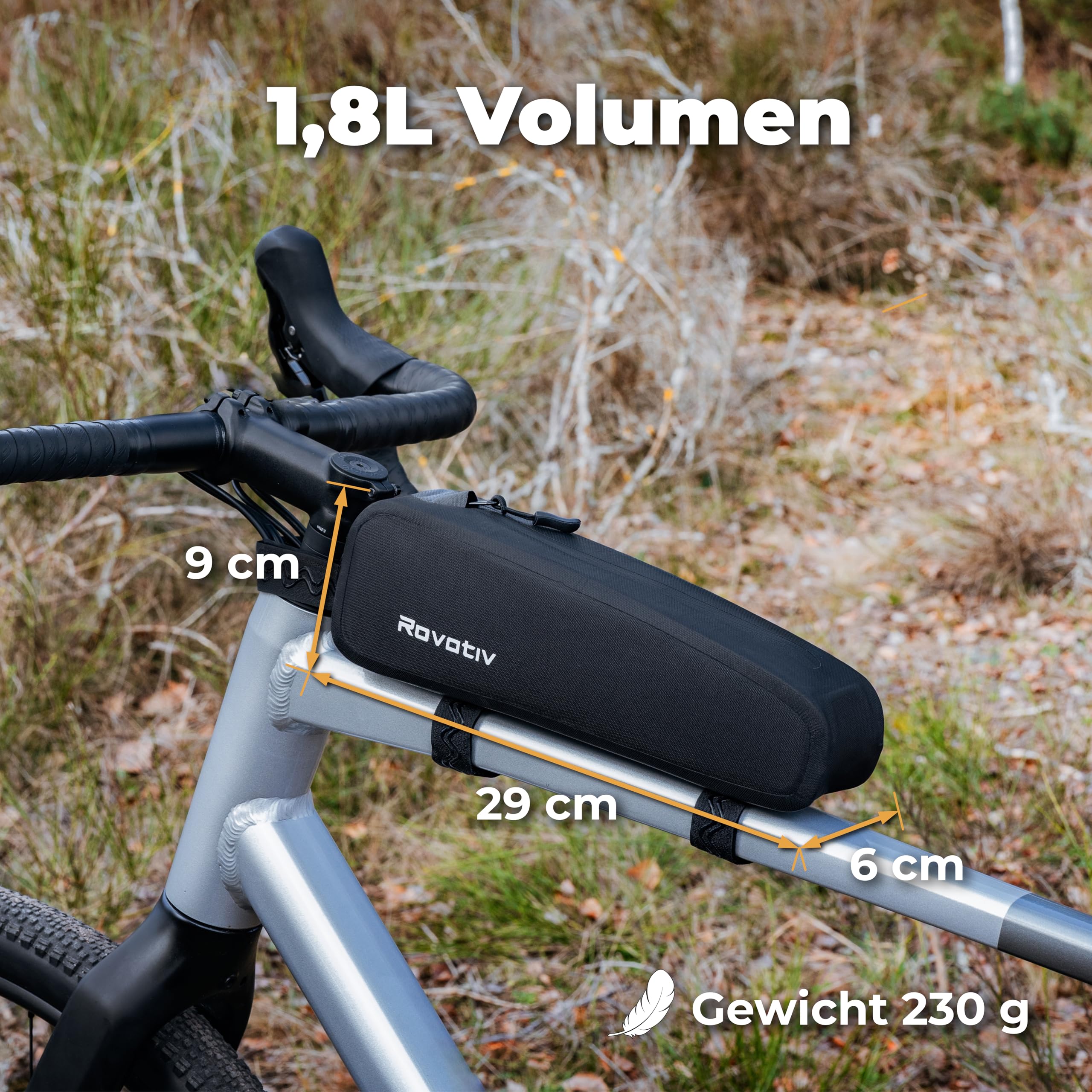Rovativ® Bikepacking Oberrohrtasche [1,8 Liter] 100% Wasserdicht - Top Tube Bag - extra Fester Halt - Neuer Reißverschluss - für Gravelbike, Rennrad, MTB