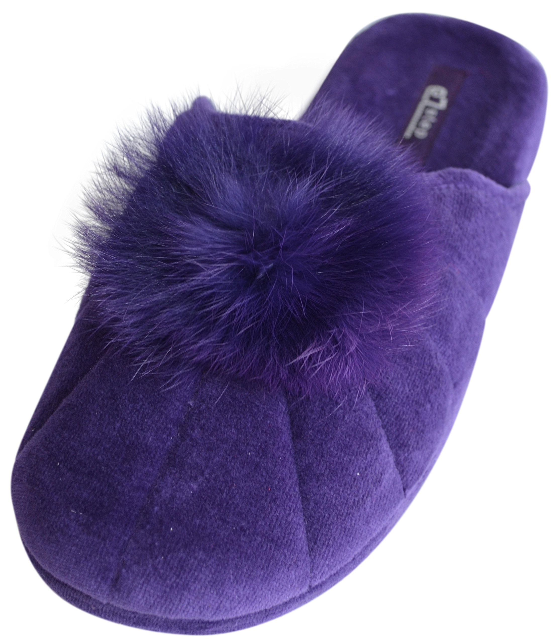 EZSTEP Women's Lucy Slippers Real Fur Rabbit pom-pom