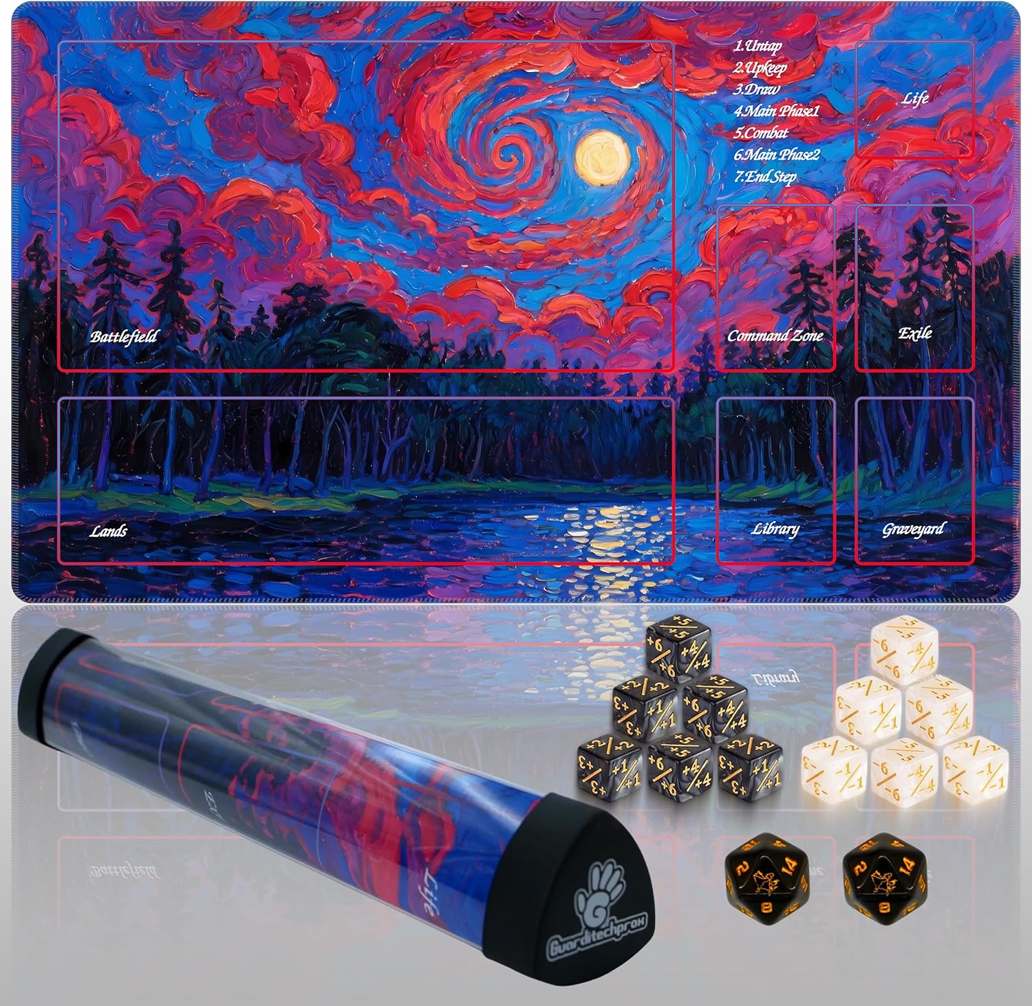 Premium TCG Playmat - 24x14 Professional Rubber Battle Mat for MTG Card Games - Includes Triangular Storage Tube, 12 Counter Dice & 2 Special 20-Sided Dice (Classic 01, Classic Series)