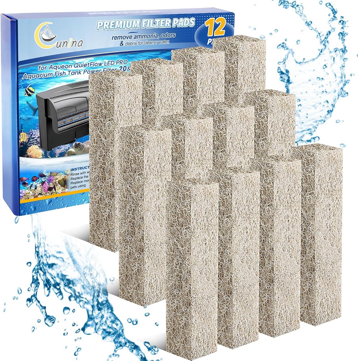 Cartuchos de filtro de repuesto compatibles con Aqueon Quietflow 20 75 | Almohadillas de filtro reductor de amoníaco, 12 Uds., aptas para Aqueon Quietflow LED PRO, almohadilla de filtro potente para acuario, esponja