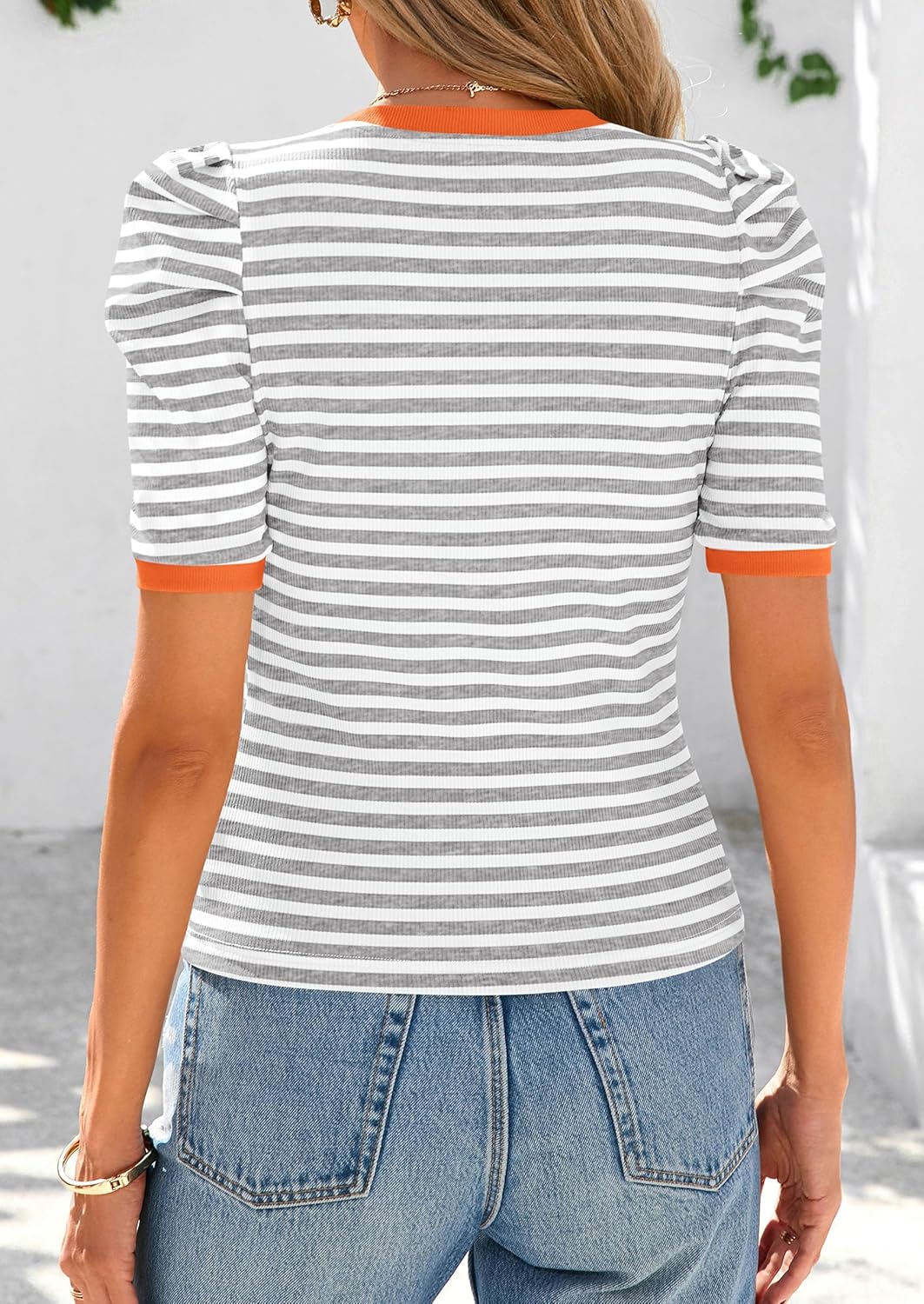 PRETTYGARDEN Womens Puff Short Sleeve Summer Tops 2026 Casual Ribbed Knit Work Basic Tees Crewneck Spring Striped T Shirts - Image 2