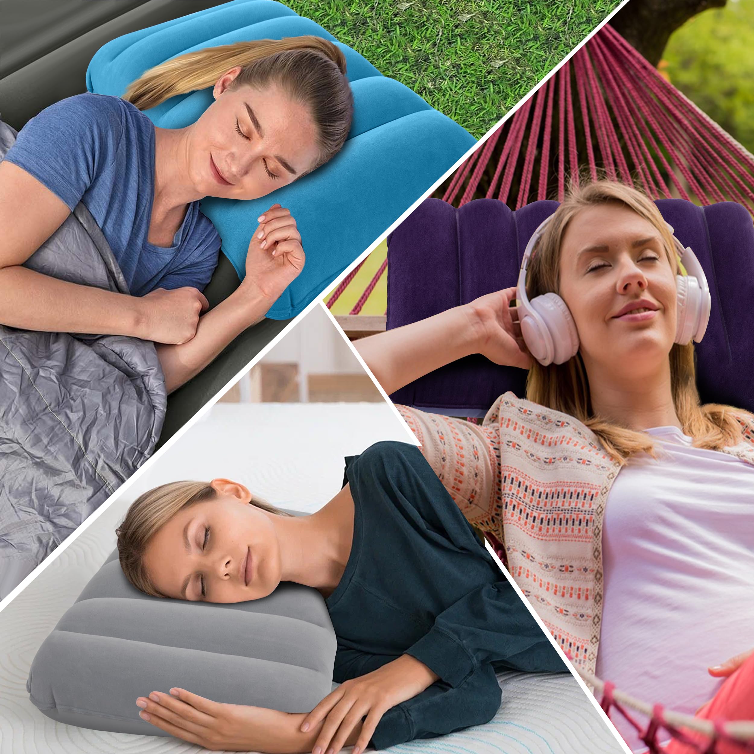 Lot de 4 oreillers gonflables en tissu floqué ultraléger pour randonnée, camping, voyage, sieste, support de bureau, cou et lombaire Gris