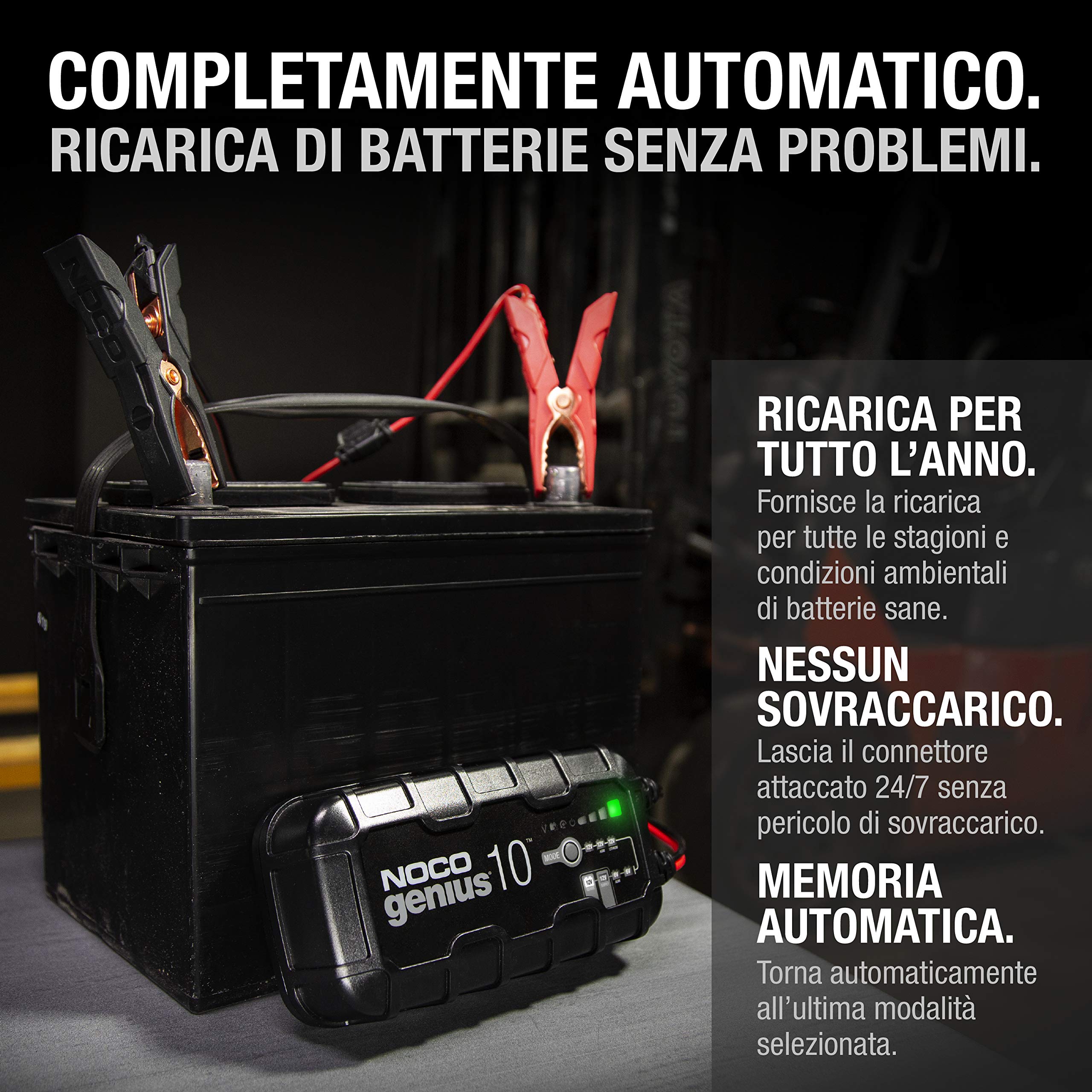 NOCO GENIUS10: Caricabatterie Intelligente 10A 6V/12V – Mantenitore di Carica e Desolfatatore con Protezione da Sovraccarico e Compensazione Termica – Per Batterie al Piombo e Litio