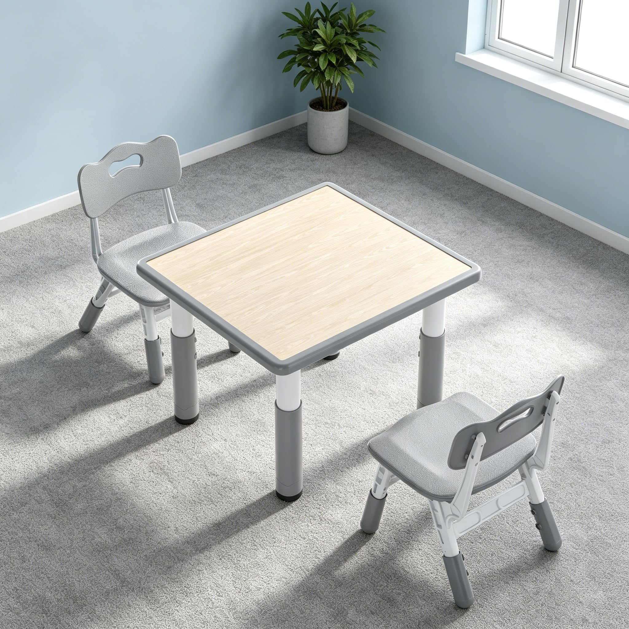 Yunvin Kids Table and 2 Chairs Set Seating Group Children furniture Height Adjustable Plastic Toddlers Activity Table Drawing Desk for Eating Crafting Playing 100kg Capacity, 60x60cm